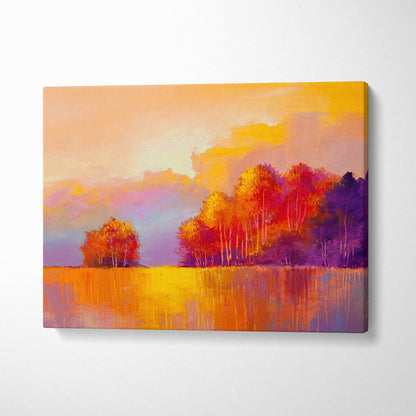 Vibrant autumn meadow painting style wall art canvas print featuring fiery orange red and purple trees in golden field