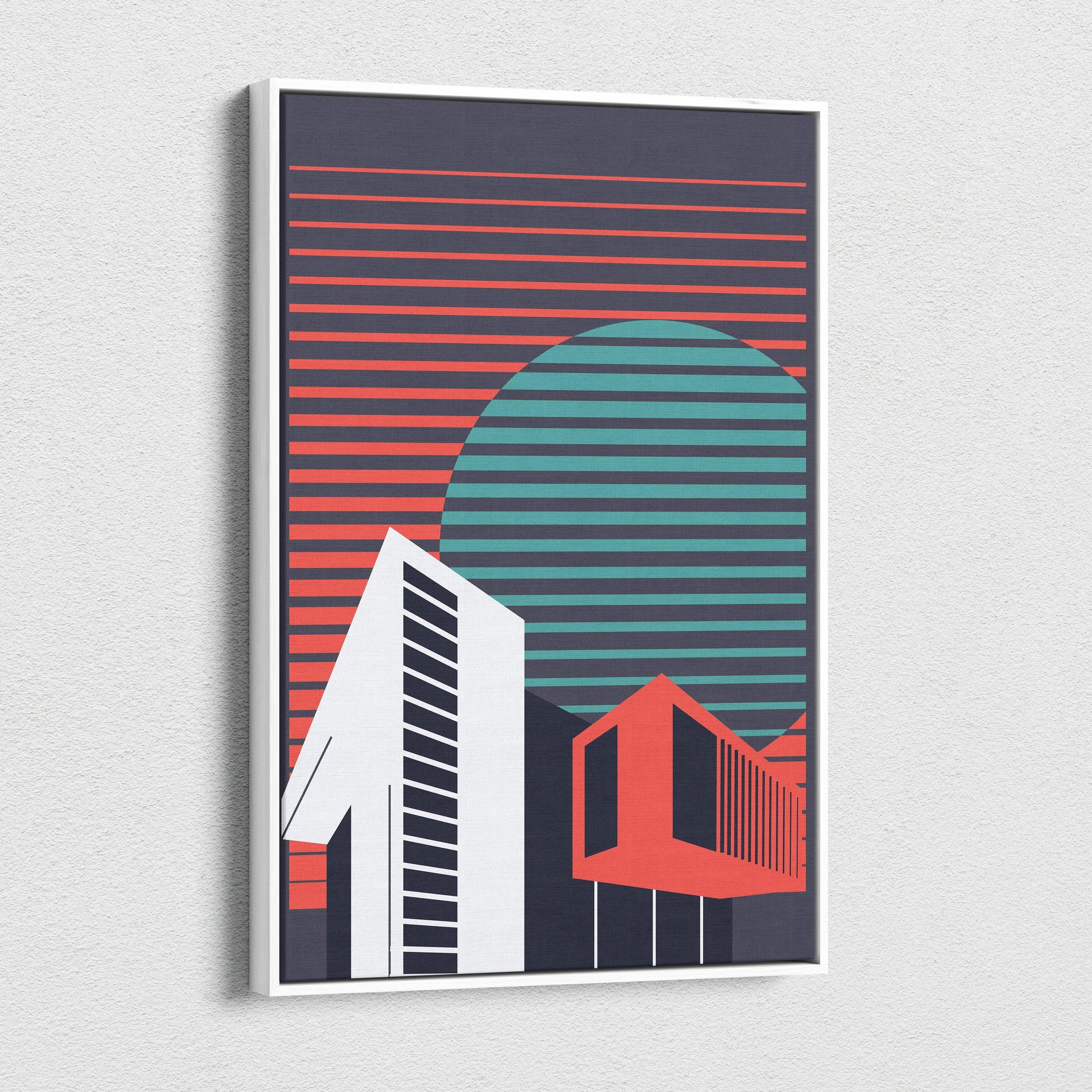 Modern geometric cityscape canvas art with teal sunset circle, coral stripes, red teal stripes, dark gray buildings