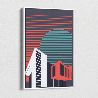 Modern geometric cityscape canvas art with teal sunset circle, coral stripes, red teal stripes, dark gray buildings