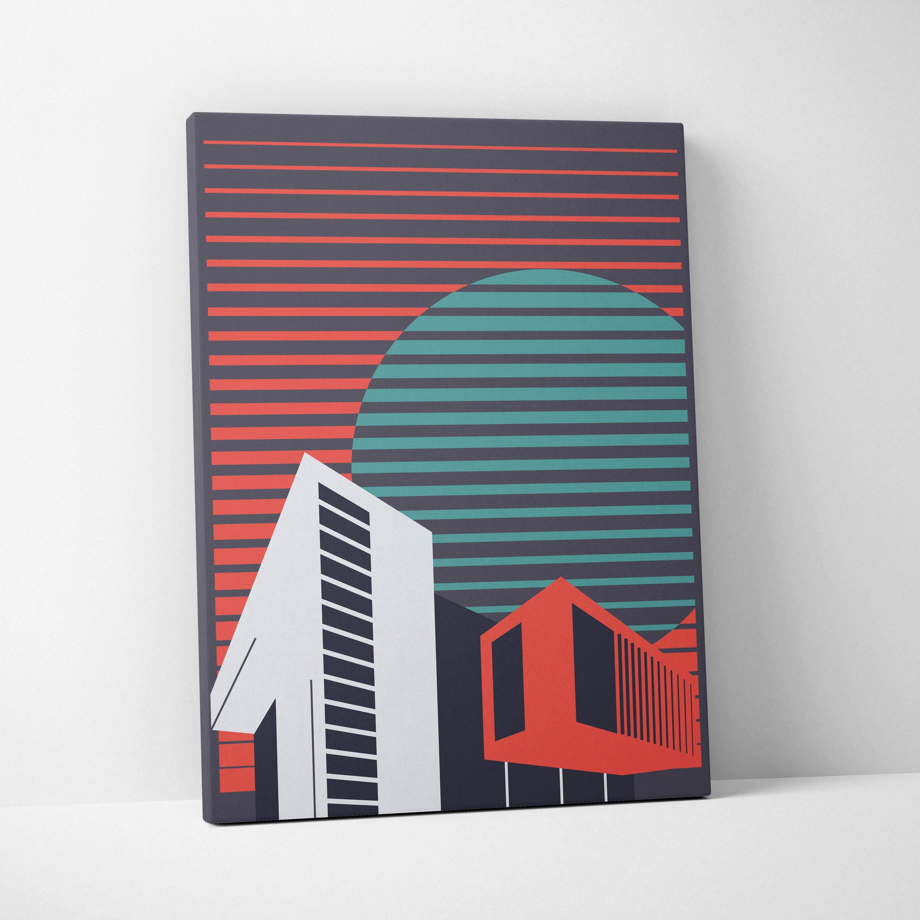 Geometric cityscape canvas art with teal sunset circle, coral stripes, dark gray buildings