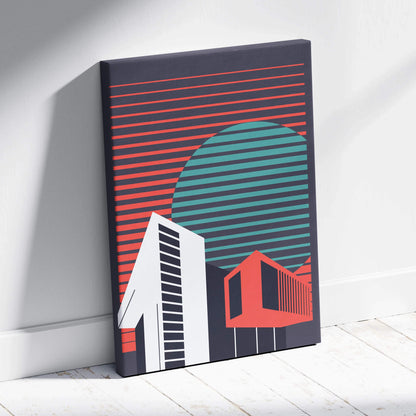 Geometric cityscape canvas art with teal sunset circle, coral stripes, dark gray buildings
