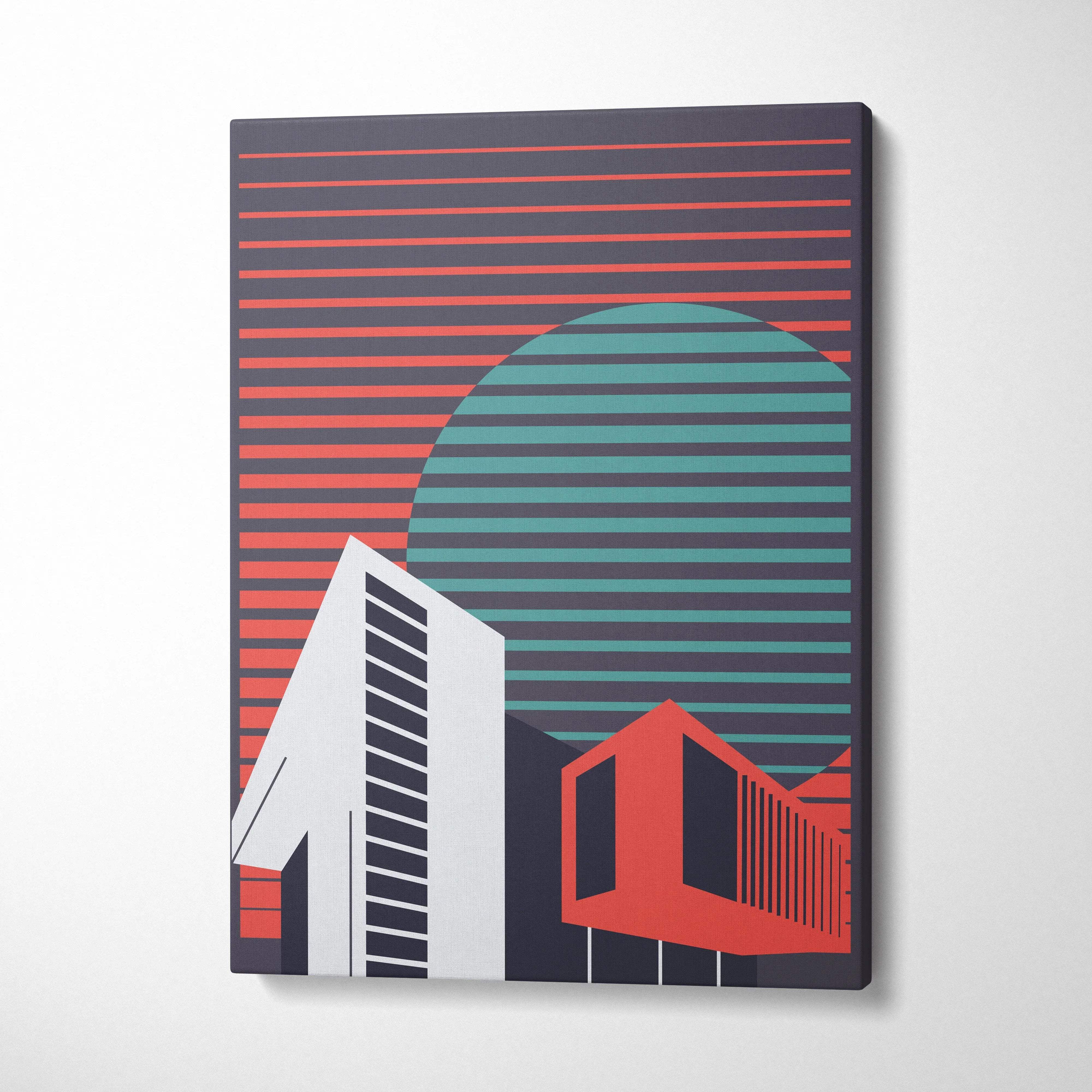 Geometric cityscape canvas art with teal sunset circle, coral stripes, dark gray buildings