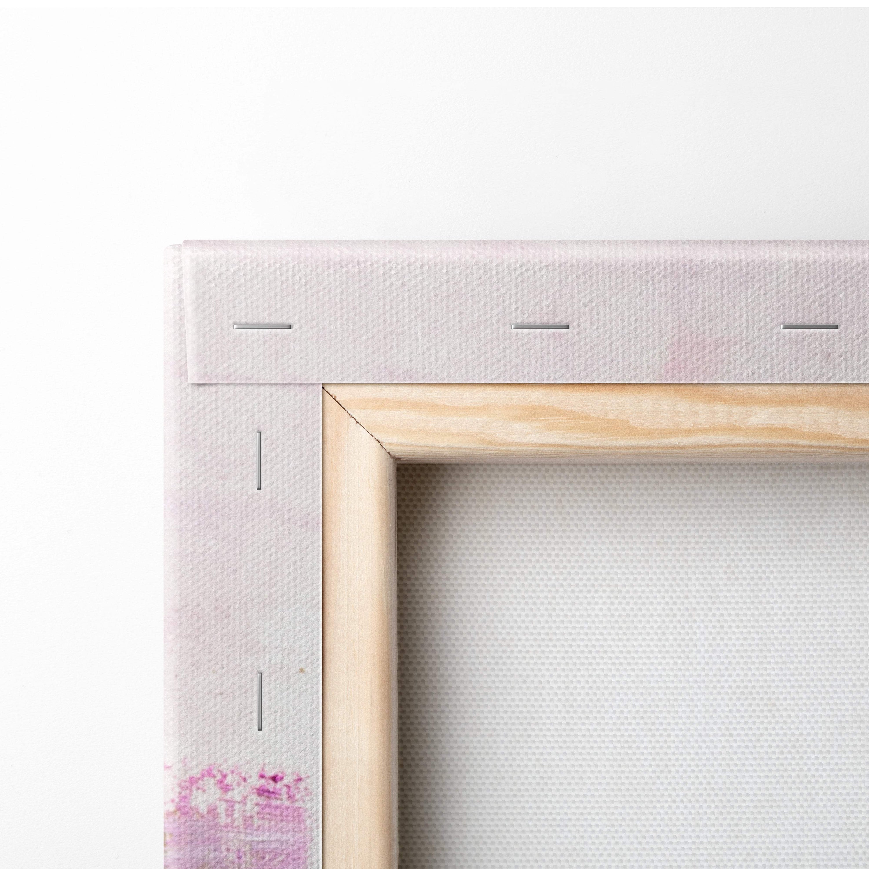 Light wood-framed canvas print with subtle pink and white abstract tree landscape in modern colorful style