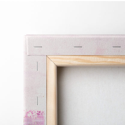 Light wood-framed canvas print with subtle pink and white abstract tree landscape in modern colorful style