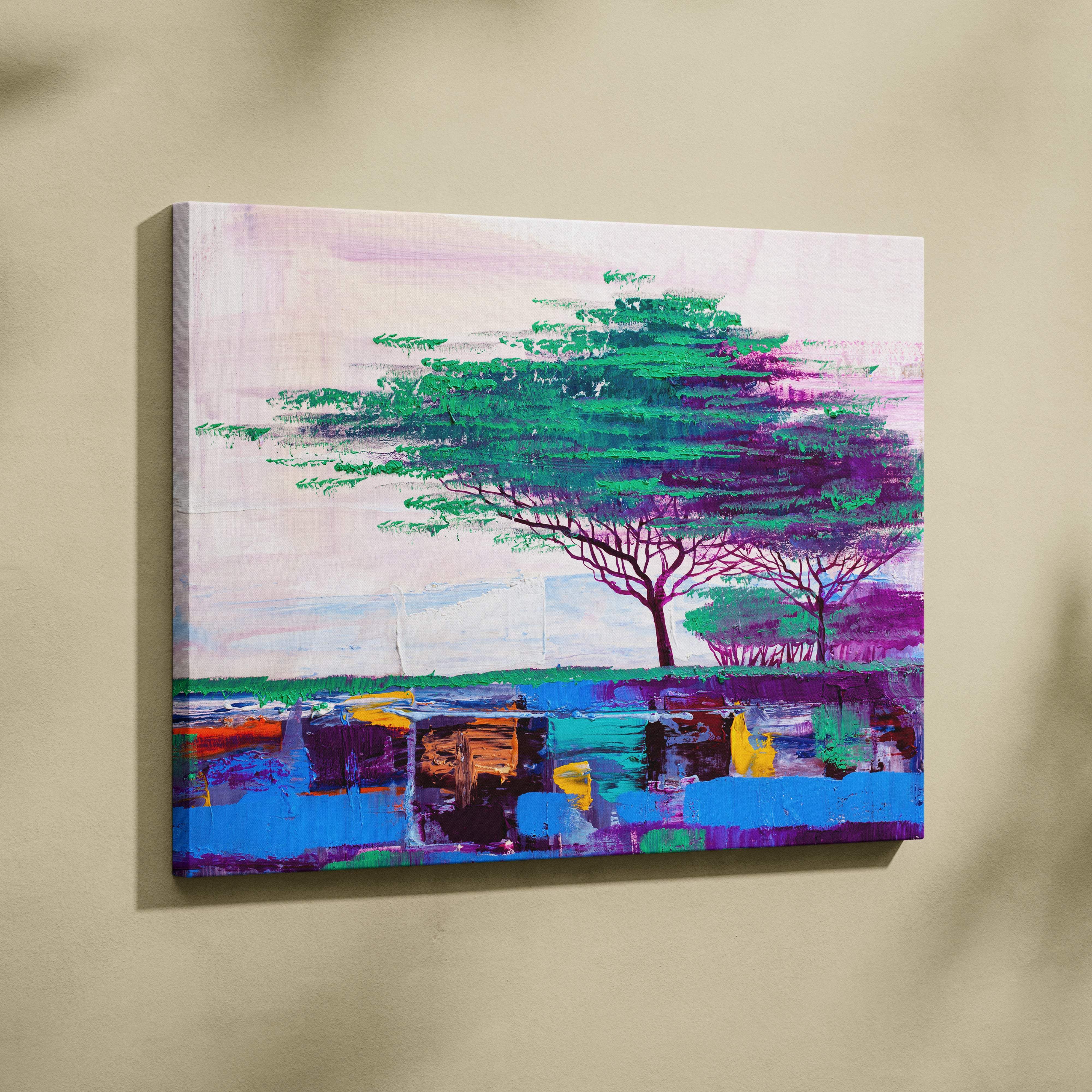 Abstract tree landscape painting style wall art with green and purple foliage on a pink sky over colorful reflective water