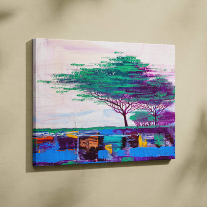 Abstract tree landscape painting style wall art with green and purple foliage on a pink sky over colorful reflective water