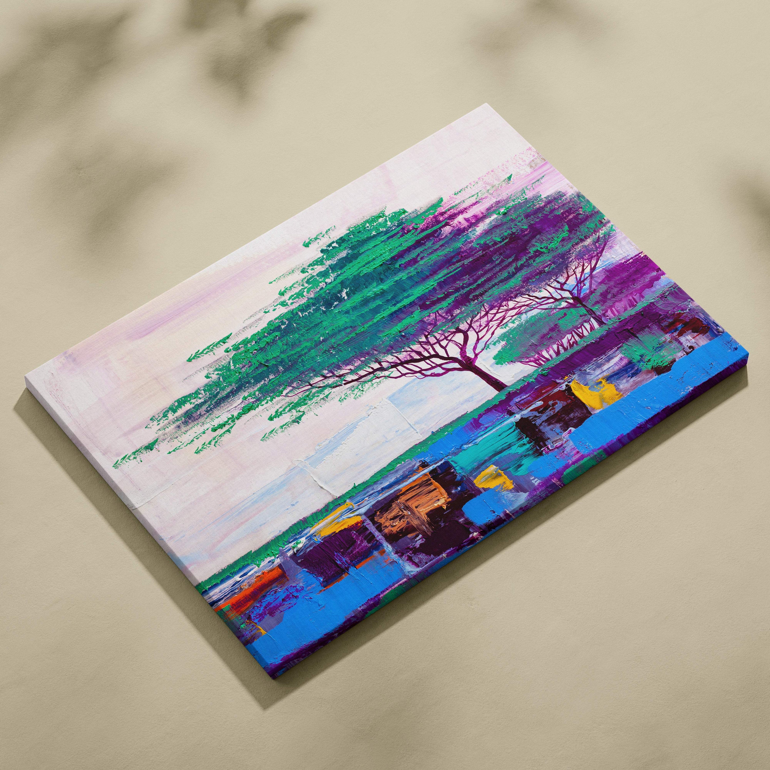 Abstract tree landscape painting style wall art with green and purple foliage on a textured canvas print