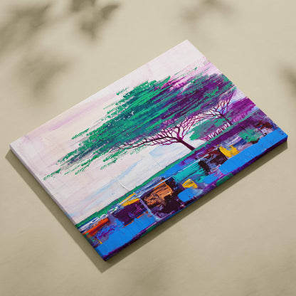 Abstract tree landscape painting style wall art with green and purple foliage on a textured canvas print