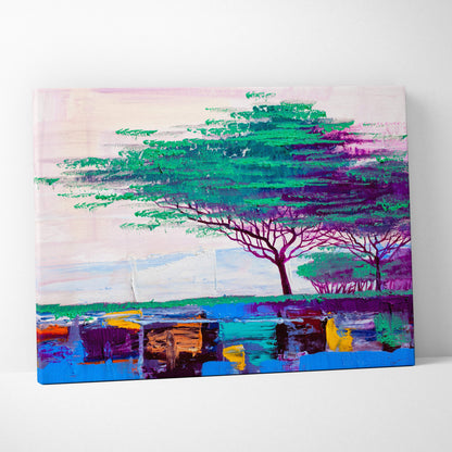 Vibrant abstract tree landscape canvas print with green and purple foliage against pink sky and reflective blue water