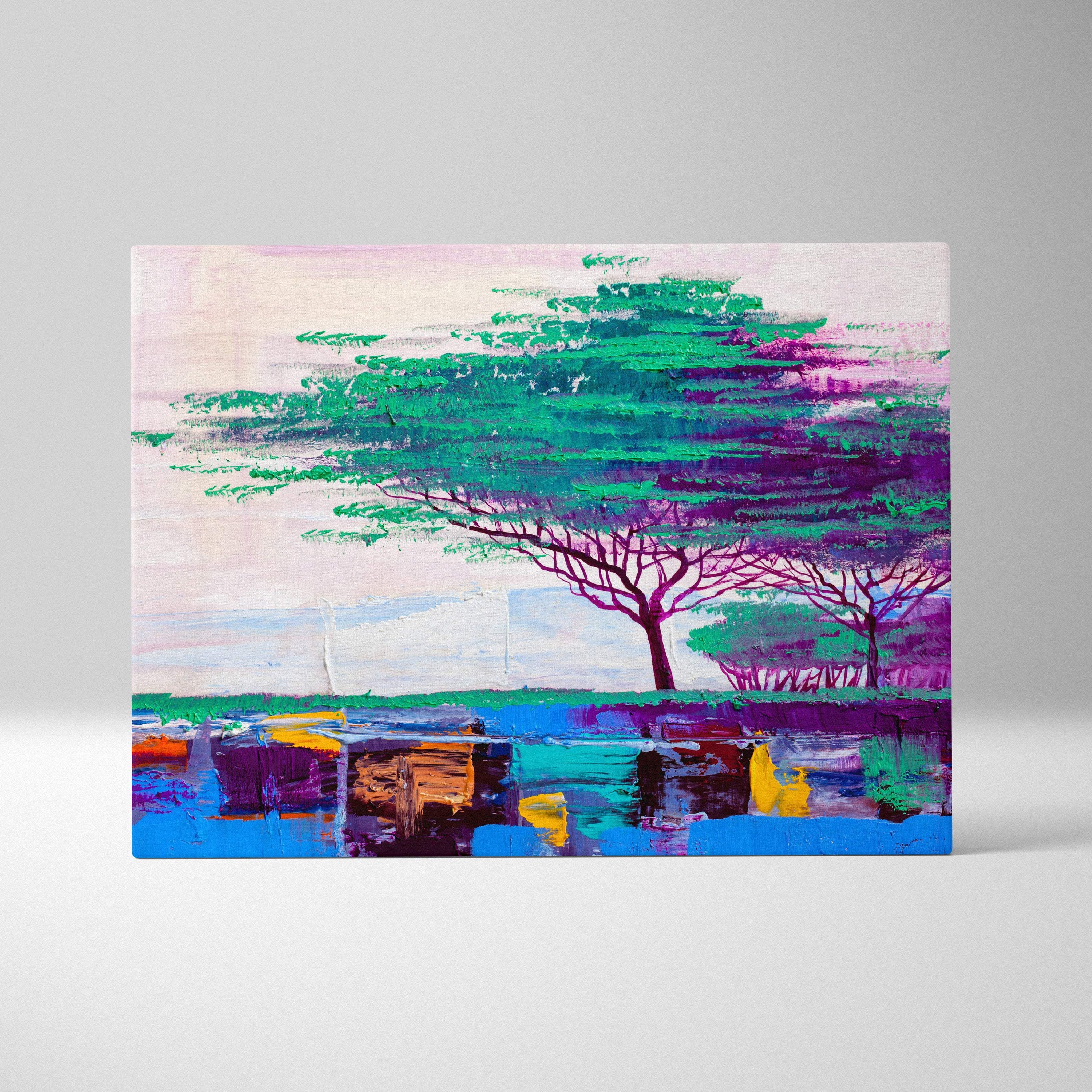 Abstract tree landscape painting style wall art with green and purple foliage and colorful reflective water on canvas print