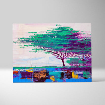 Abstract tree landscape painting style wall art with green and purple foliage and colorful reflective water on canvas print