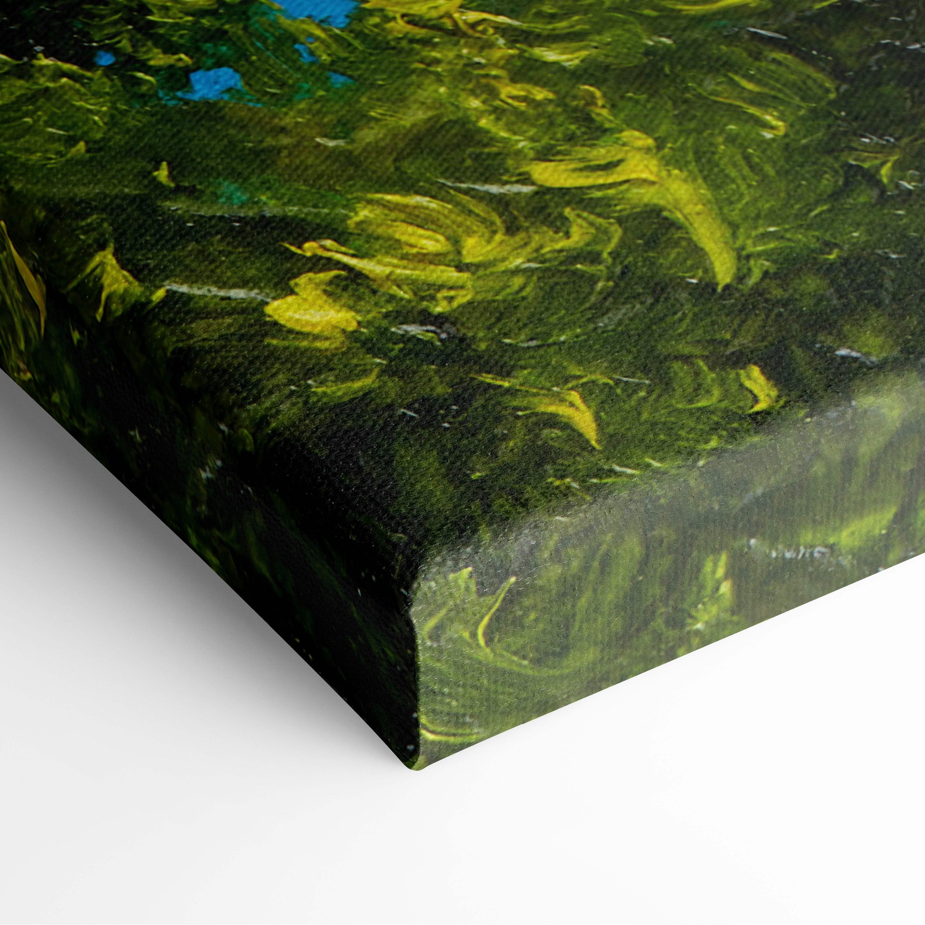 Textured canvas print of mediterranean coastal villa painting with bold green yellow and blue brushstrokes on frame