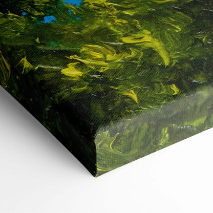 Textured canvas print of mediterranean coastal villa painting with bold green yellow and blue brushstrokes on frame