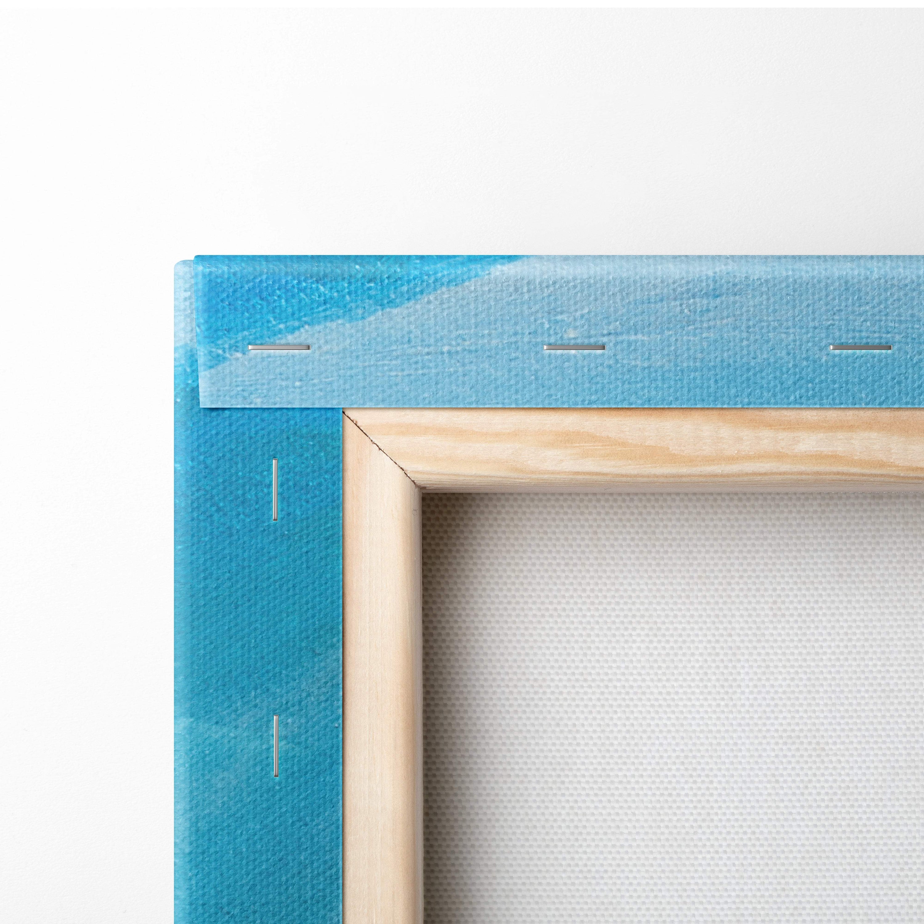 Light blue canvas print with visible stitching on wooden frame mediterranean coastal villa wall art decor