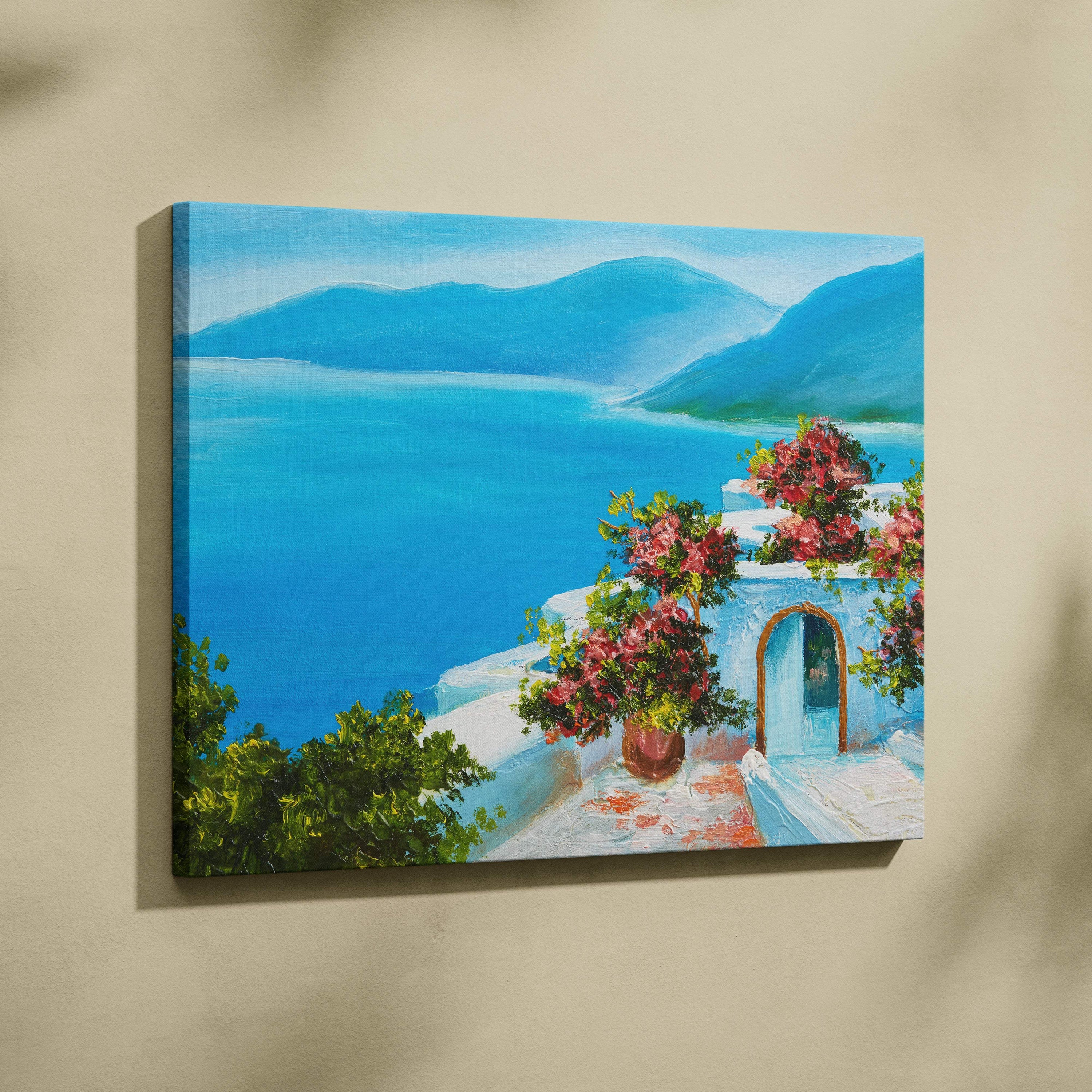 A vibrant canvas painting of a mediterranean coastal villa with white buildings pink flowers and blue sea landscape