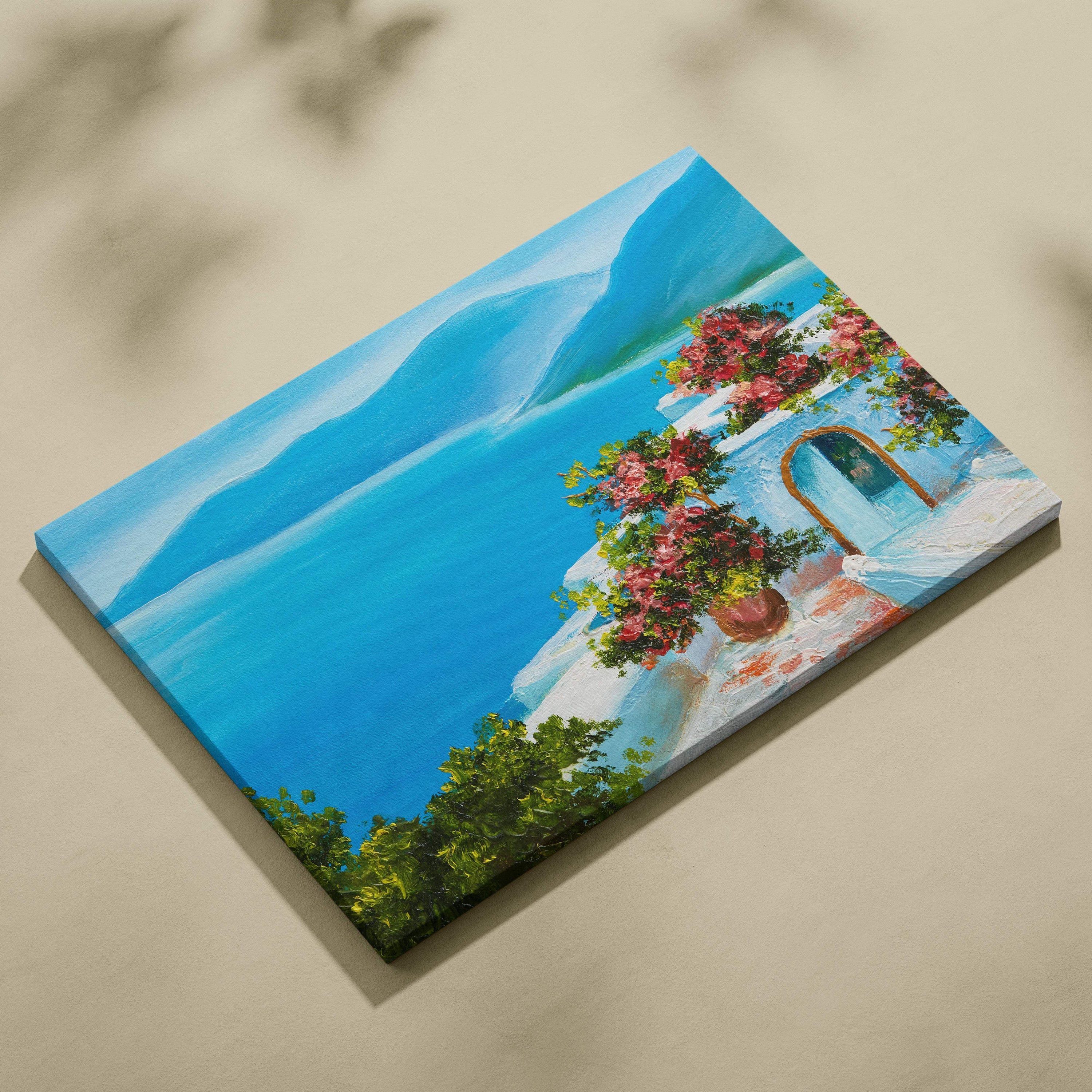 A vibrant canvas painting of a Mediterranean coastal villa with blue mountains turquoise water and pink flowering plants