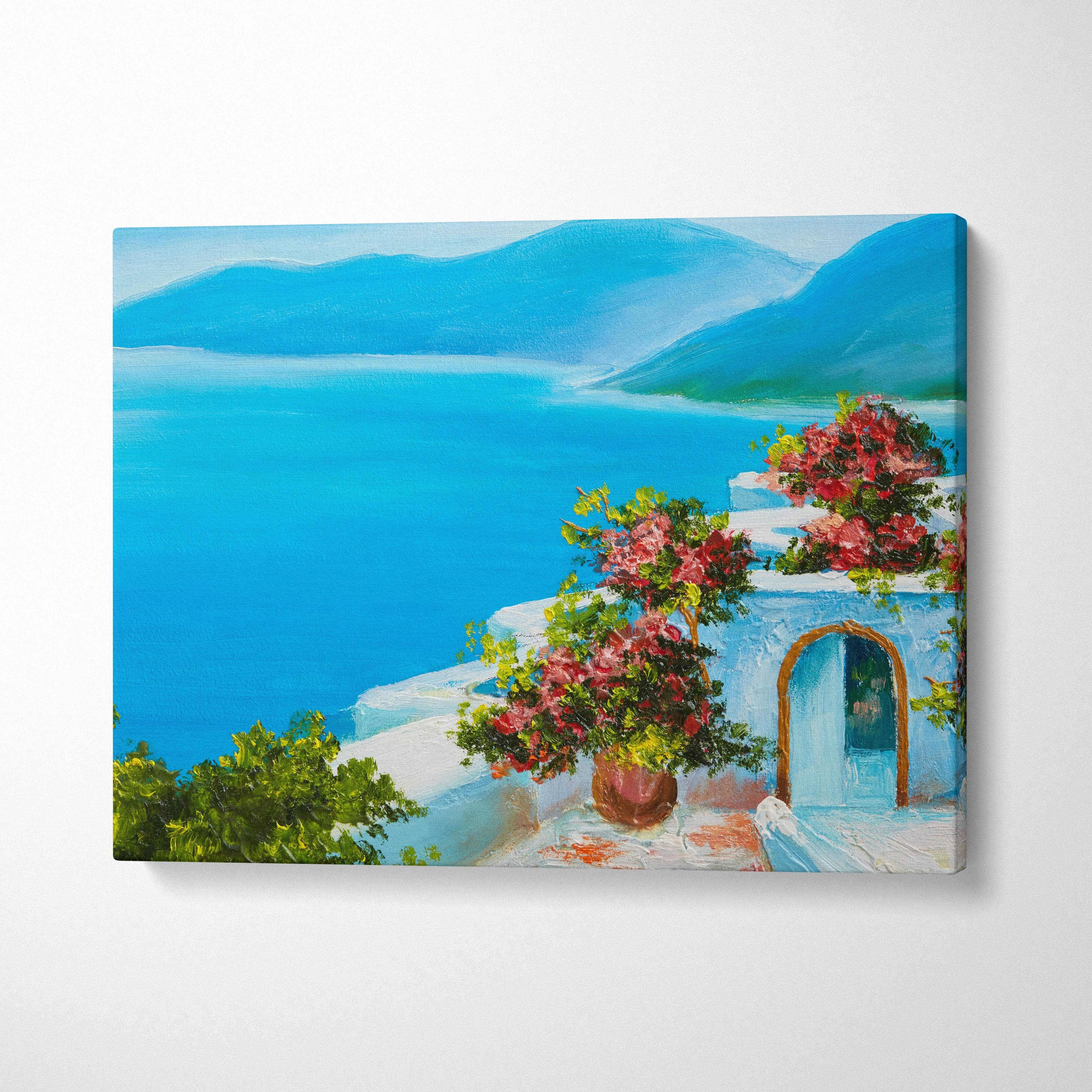 Mediterranean coastal villa canvas print featuring vibrant blue sea and blooming pink flowers in terracotta pots