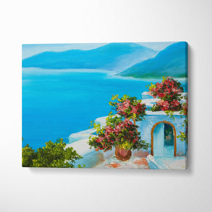 Mediterranean coastal villa canvas print featuring vibrant blue sea and blooming pink flowers in terracotta pots