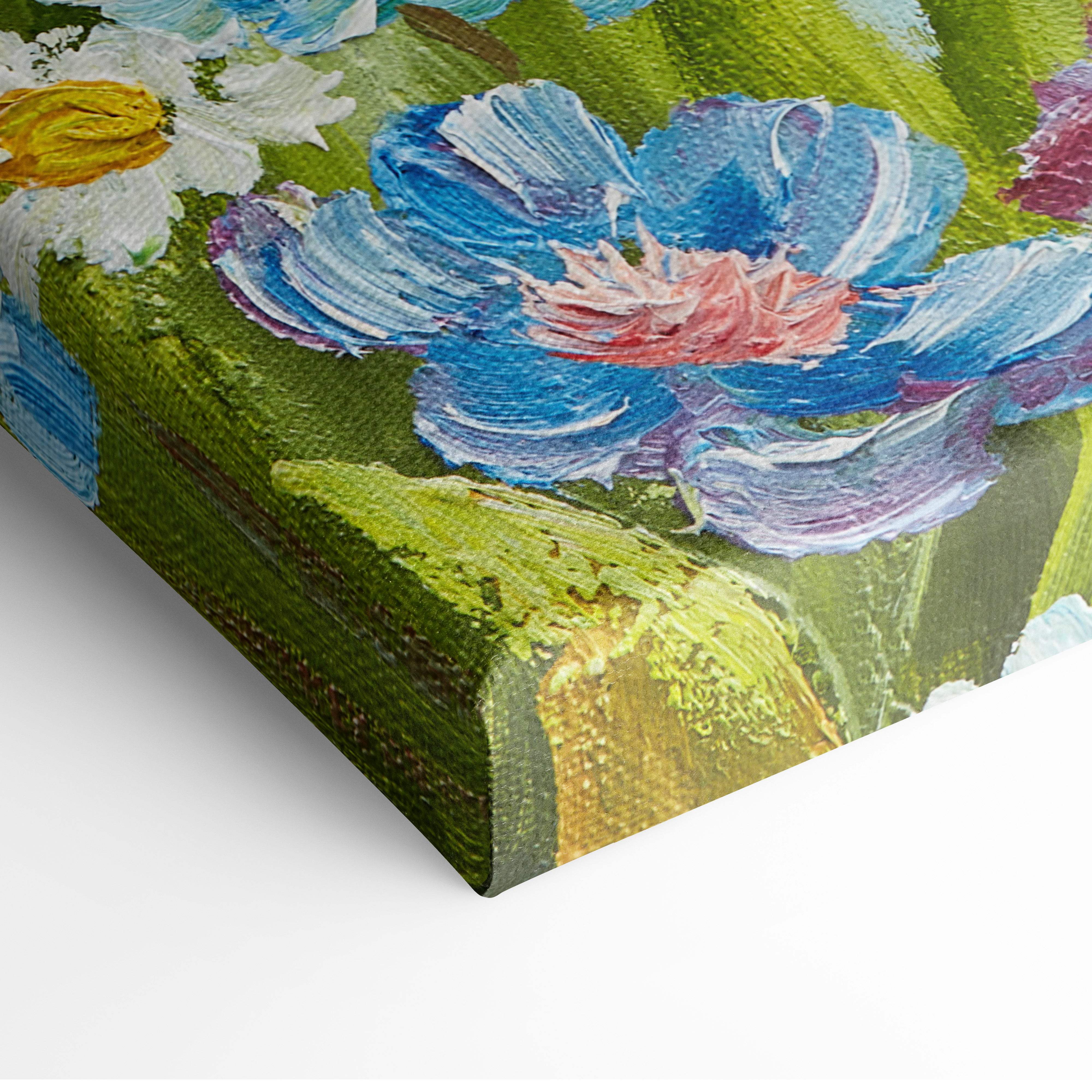 Vibrant canvas wall art painting of bold blue and white flowers with yellow centers on textured green background