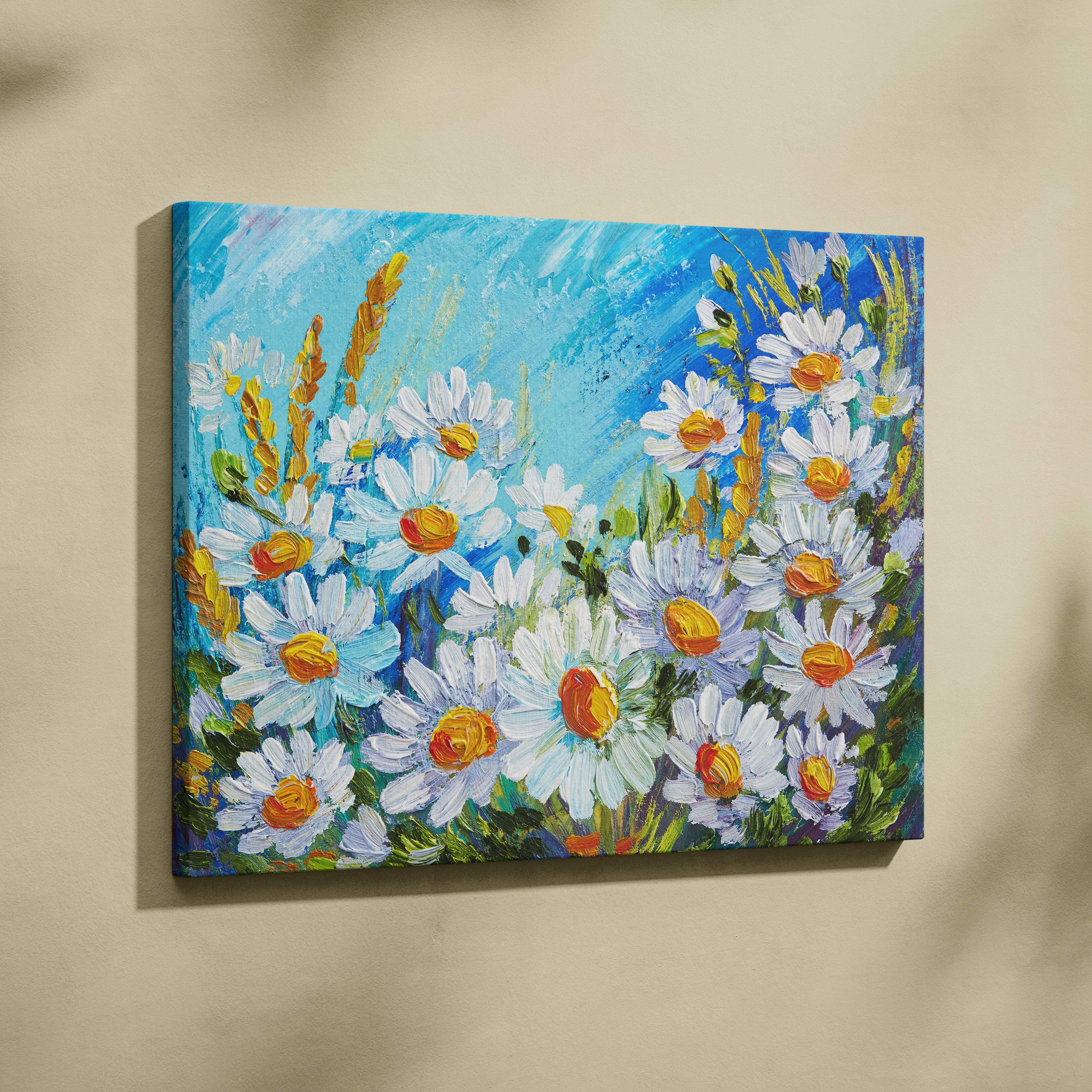 Paris eiffel tower canvas wall art print featuring white daisies yellow centers blue sky and golden wheat stalks in chic french decor
