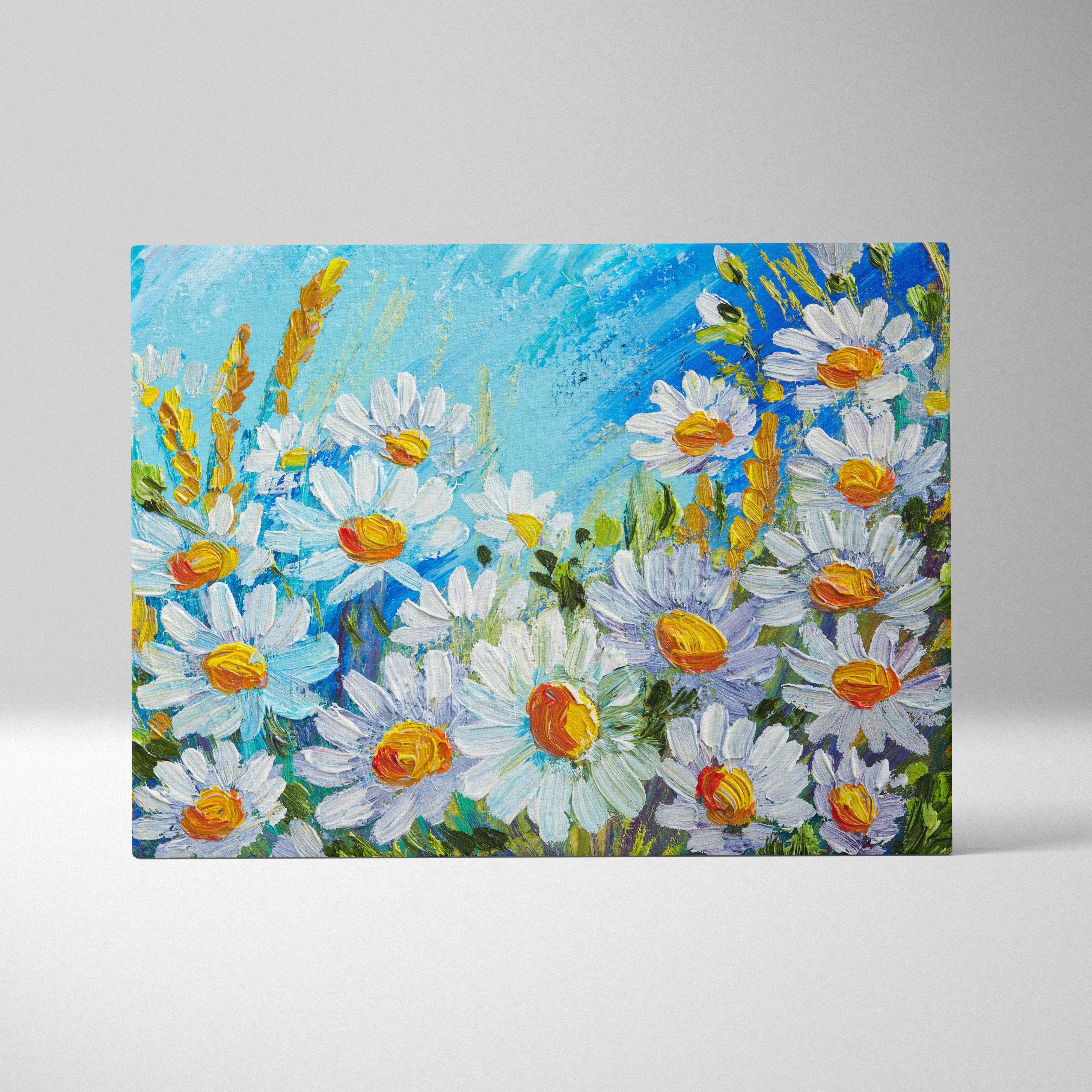 Paris Eiffel Tower canvas wall art print featuring vibrant white daisies with golden centers against a blue sky