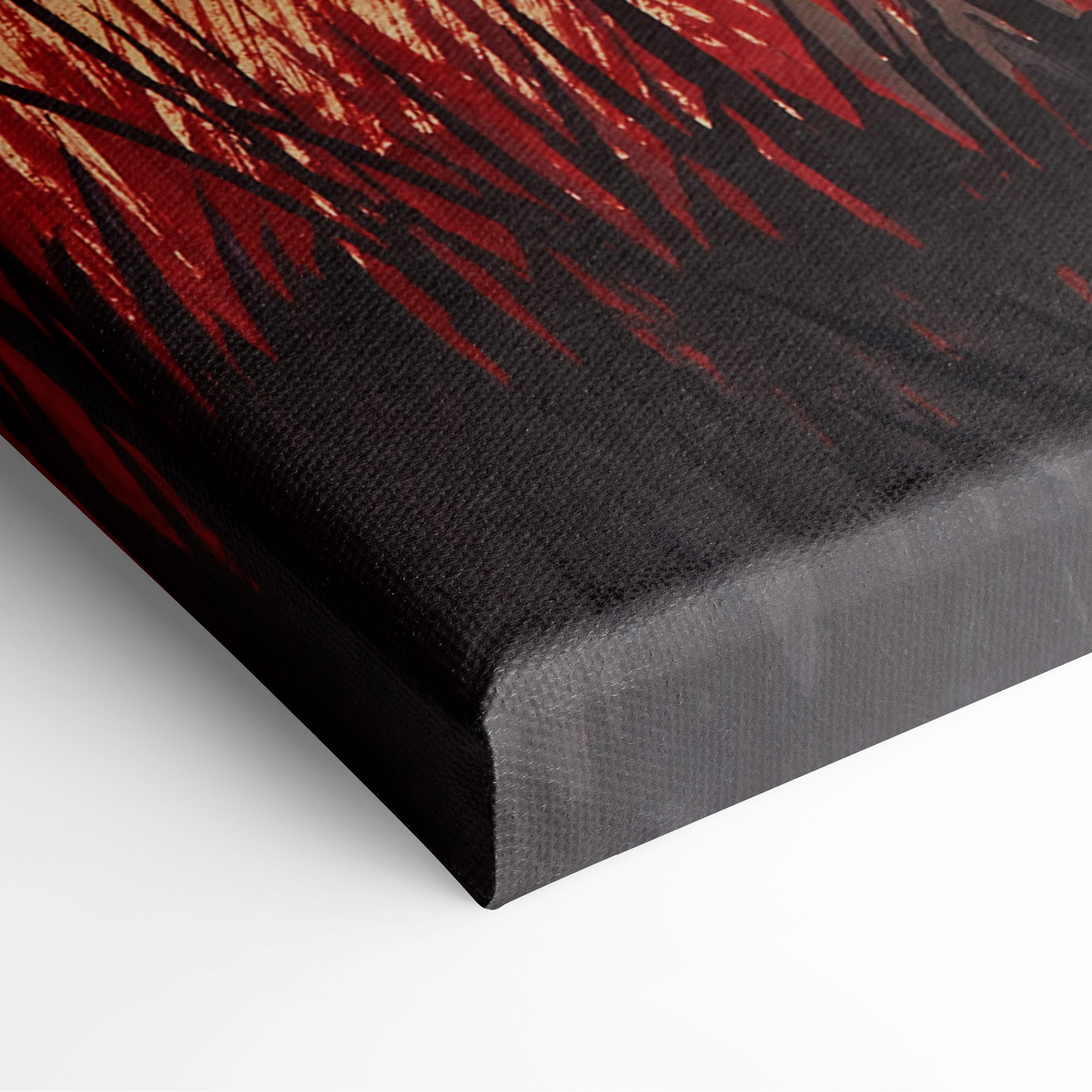 Canvas print featuring bold red and black abstract brushstrokes on textured surface in serene waterscape wall art style