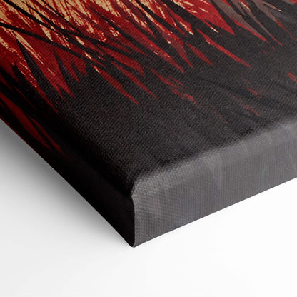 Canvas print featuring bold red and black abstract brushstrokes on textured surface in serene waterscape wall art style