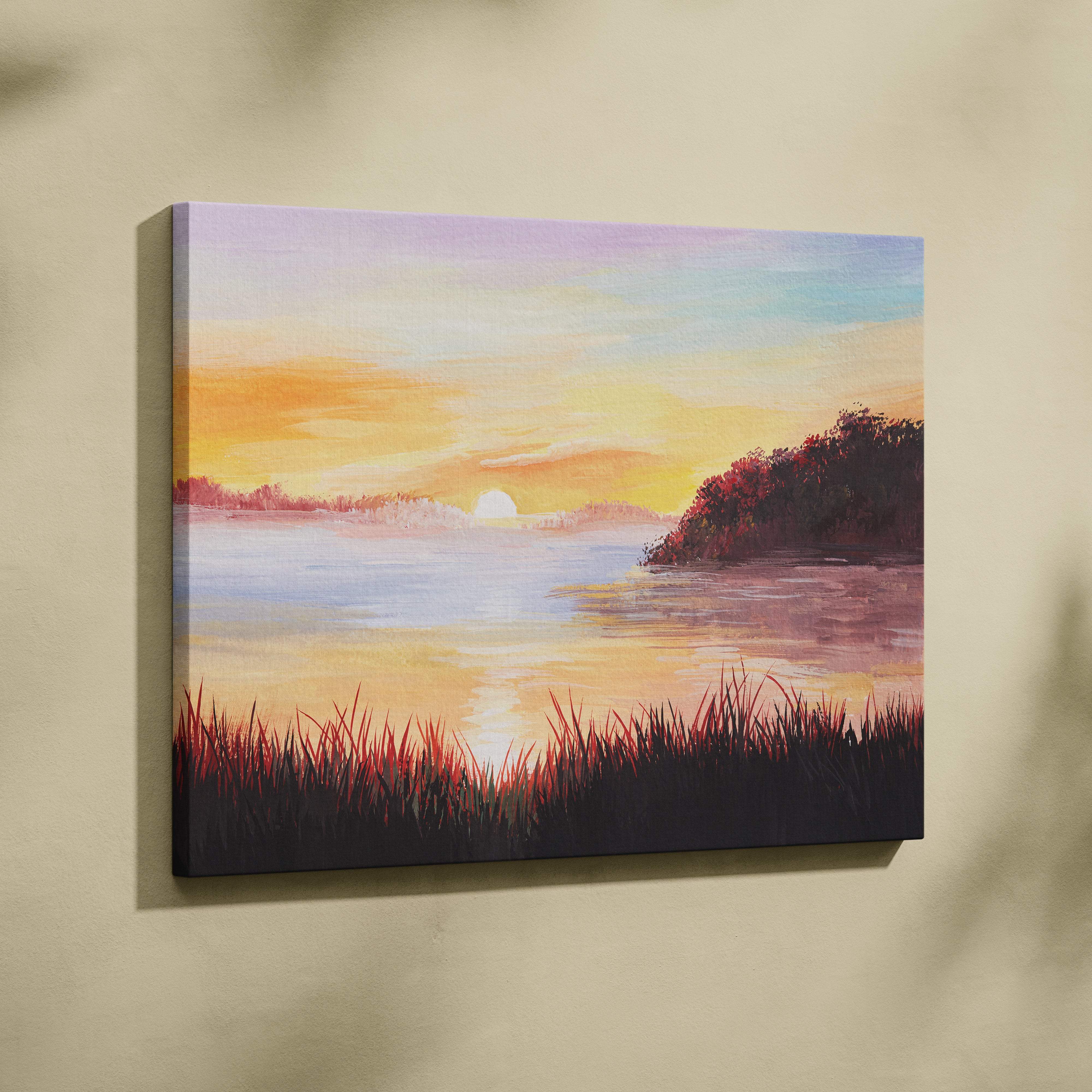 Golden sunset lake painting style wall art canvas print with warm orange and purple hues over calm water and reeds