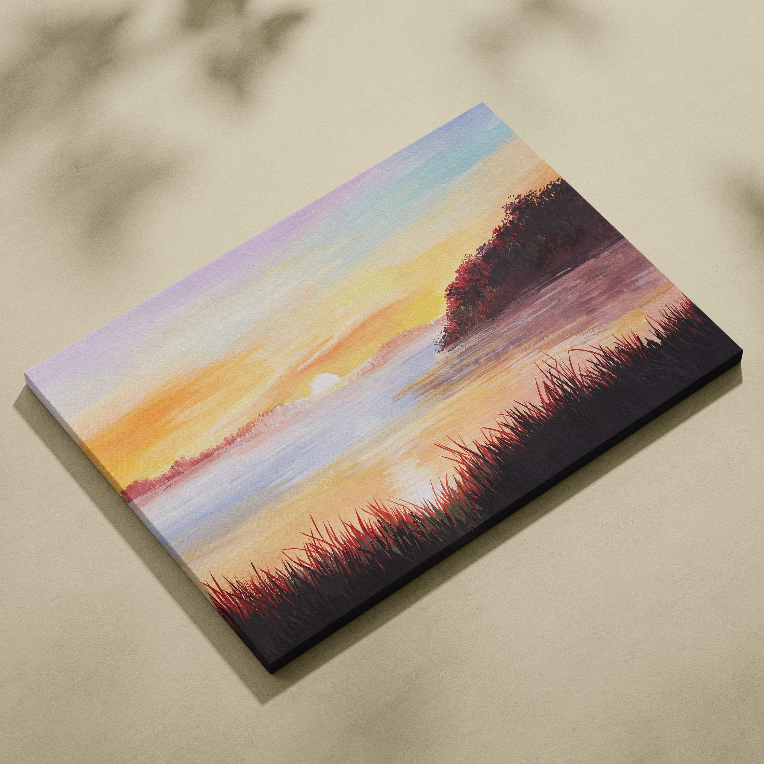Golden sunset lake rectangular canvas painting featuring serene waterscape with reeds in warm orange yellow and purple hues