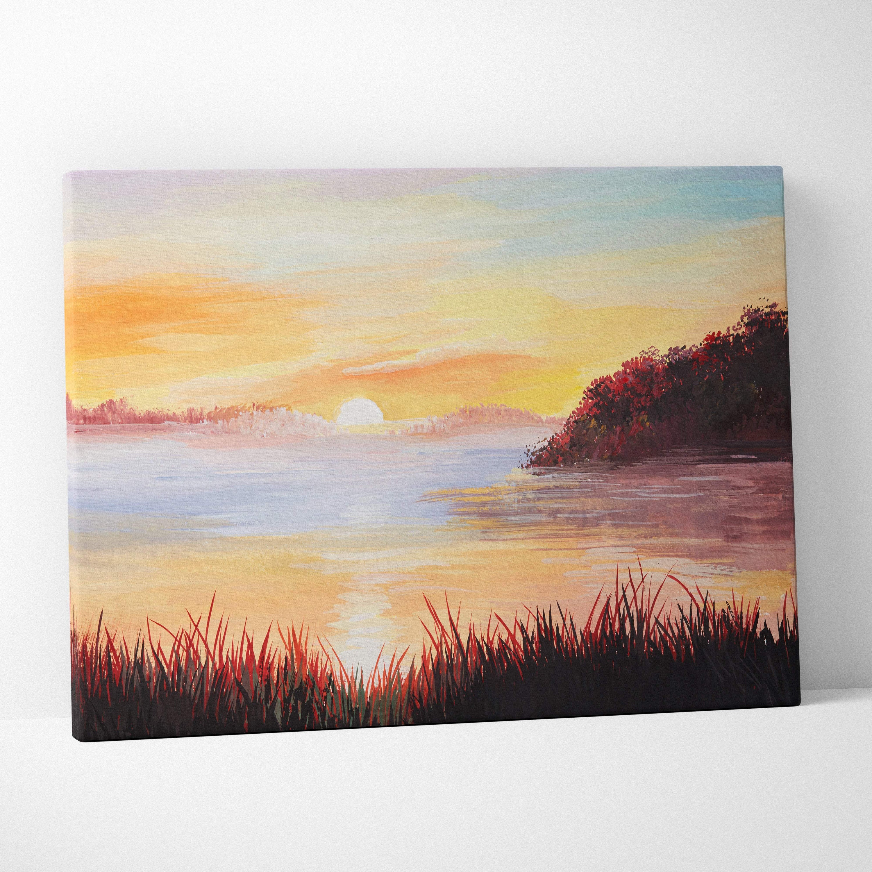 Rectangular canvas painting of a golden sunset lake with warm orange sky, reeds, and reddish foliage wall art print