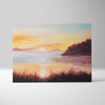 Golden sunset lake painting style wall art canvas print with tranquil lake, warm orange sky, reeds, and reddish foliage