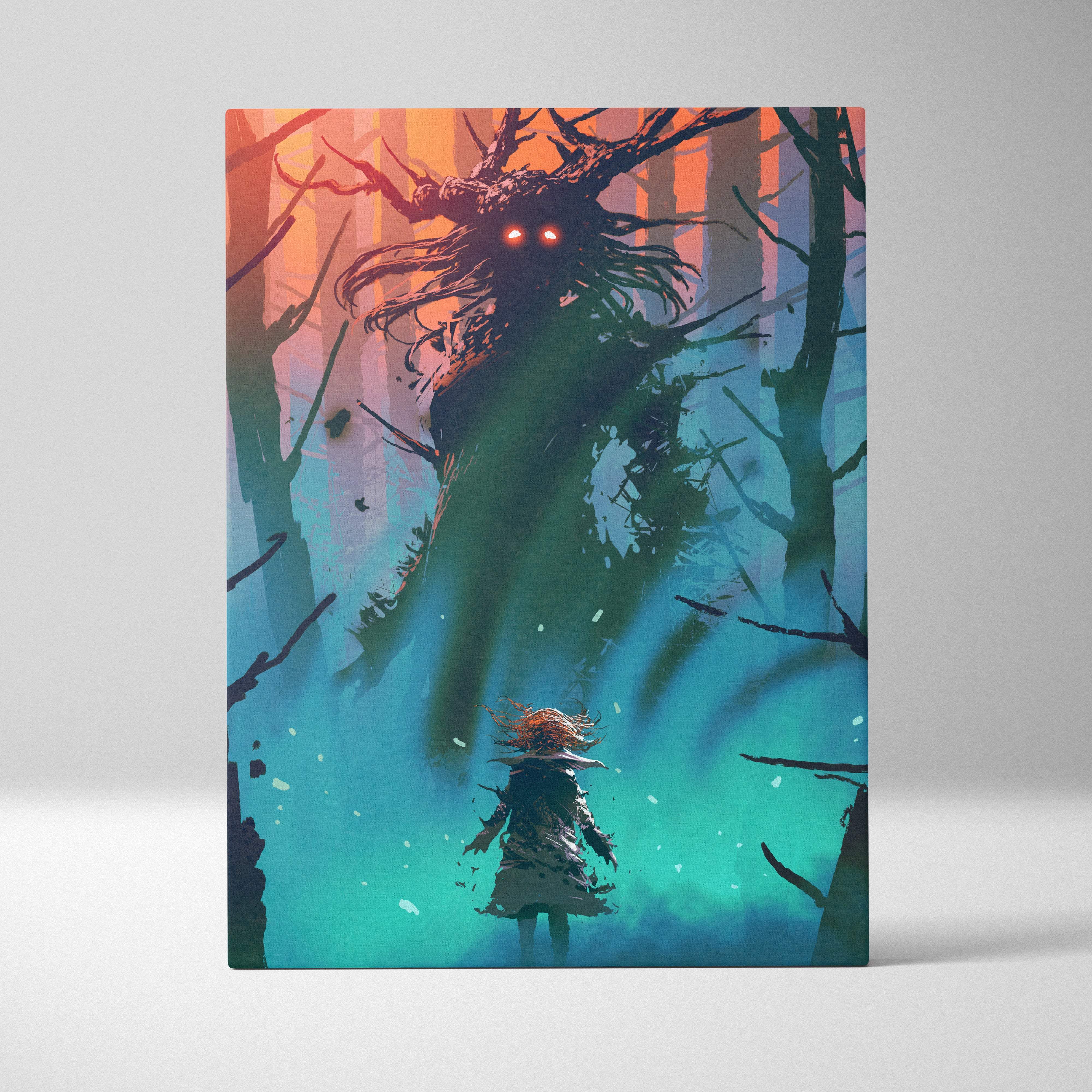 Haunted forest encounter rectangular canvas print of a dark forest creature with glowing red eyes against teal and orange sky