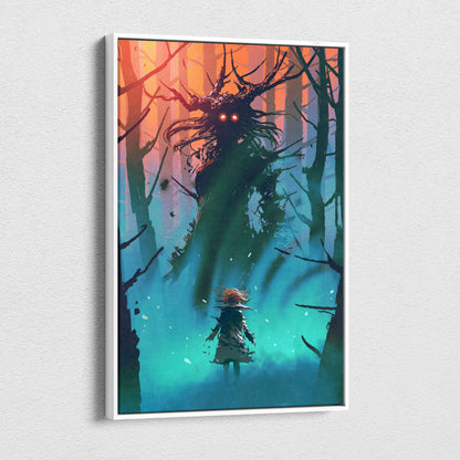 A framed digital canvas art of a menacing forest creature with glowing red eyes in a teal and orange woodland scene