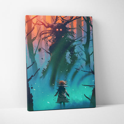 Haunted forest encounter canvas art with towering tree creature glowing red eyes in teal and orange surreal forest