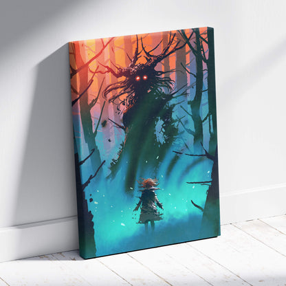 A vibrant canvas print of a dark fantasy forest with glowing red eyes teal mist and an illustrated creature