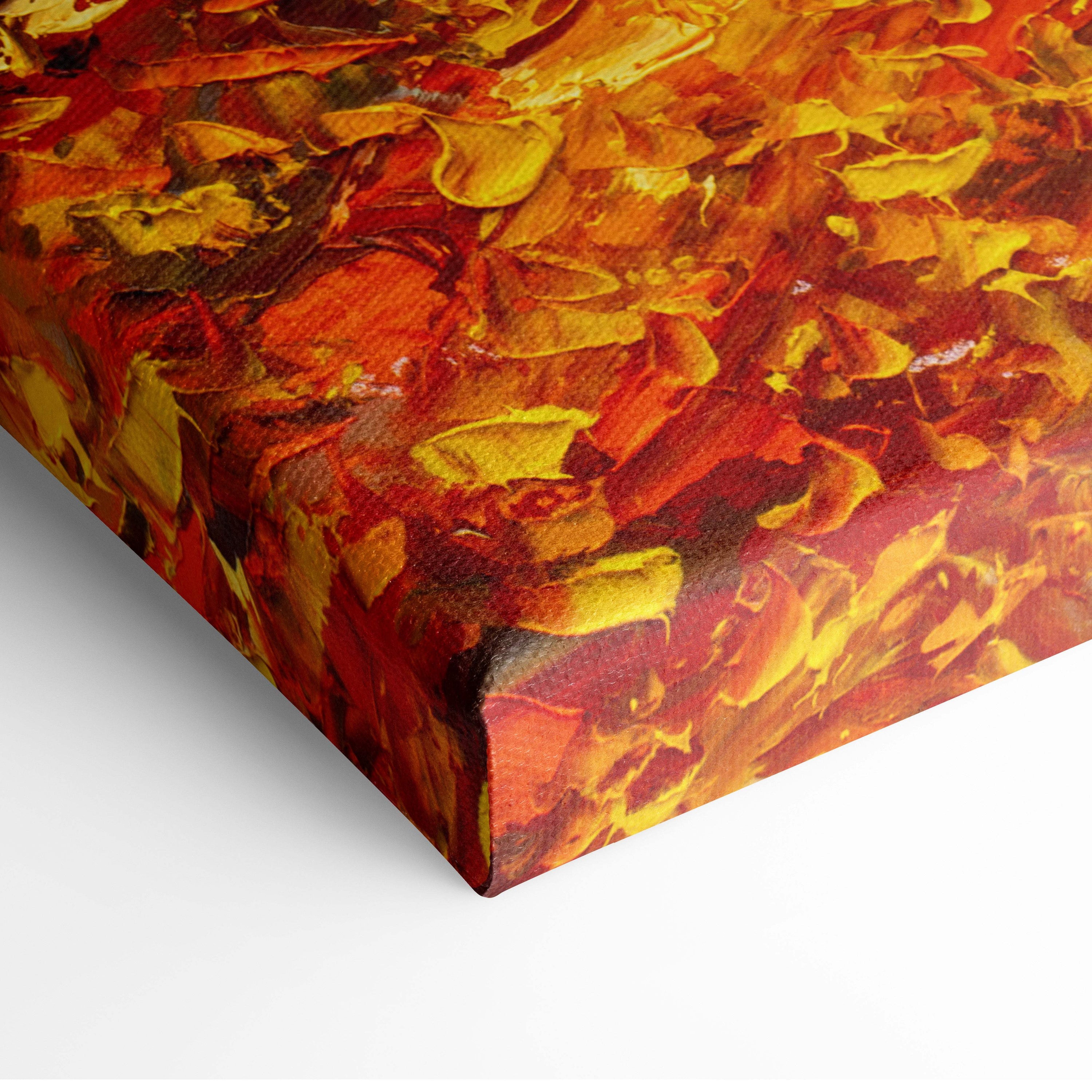 Autumn forest landscape canvas print featuring vibrant oil painting style with textured reds golden yellows leaves