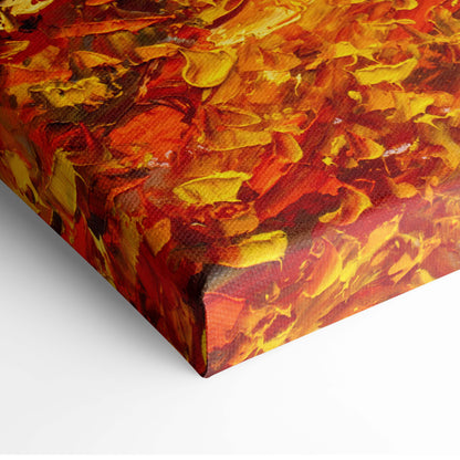 Autumn forest landscape canvas print featuring vibrant oil painting style with textured reds golden yellows leaves