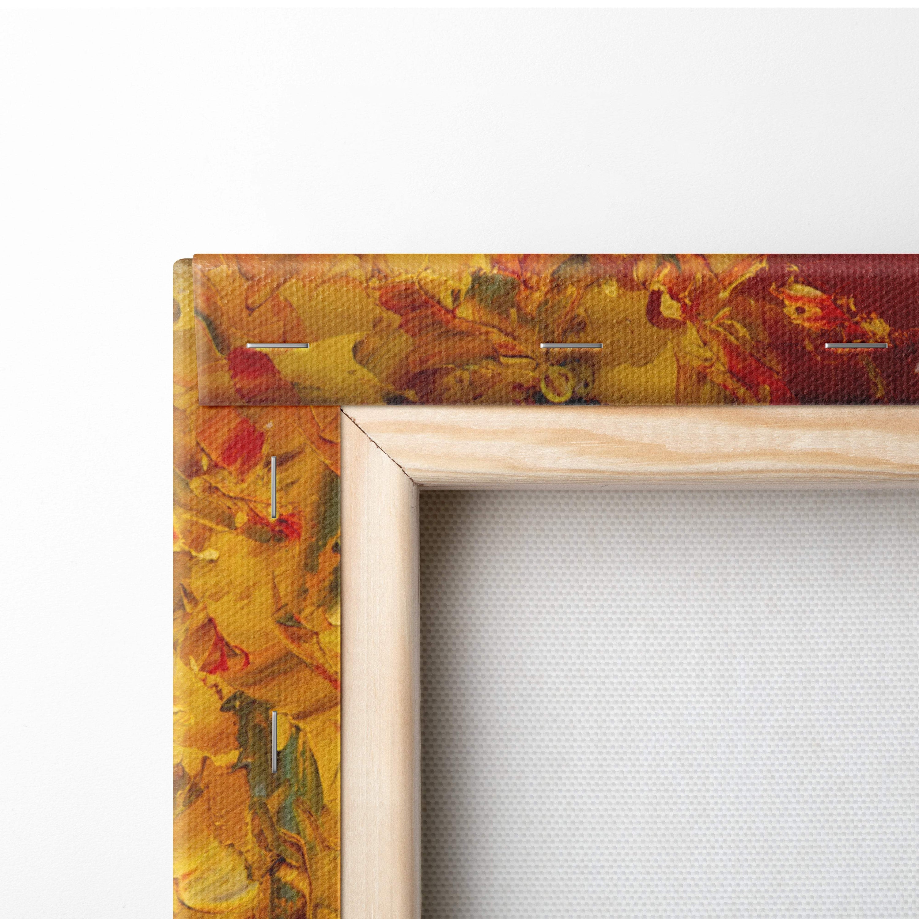 A wooden canvas frame featuring an autumn forest landscape print with vibrant yellow orange and red leaves