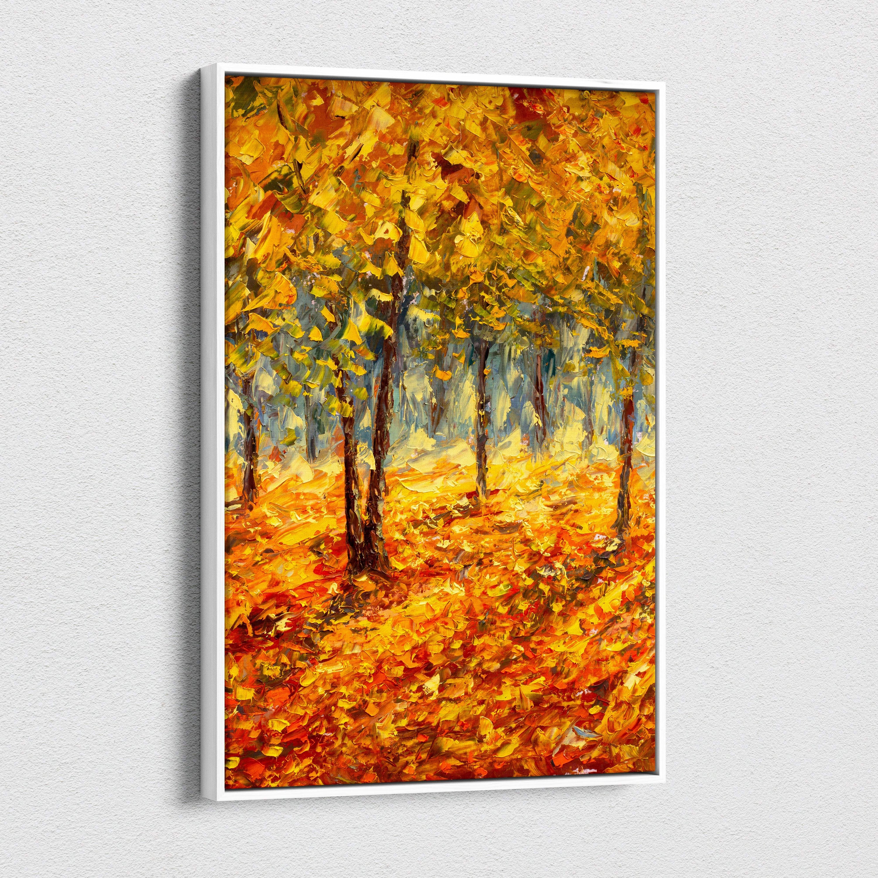 Autumn forest landscape canvas print featuring vibrant golden yellow and fiery orange leaves in textured oil brushstrokes