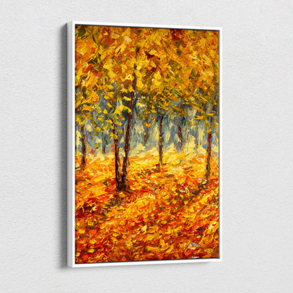 Autumn forest landscape canvas print featuring vibrant golden yellow and fiery orange leaves in textured oil brushstrokes