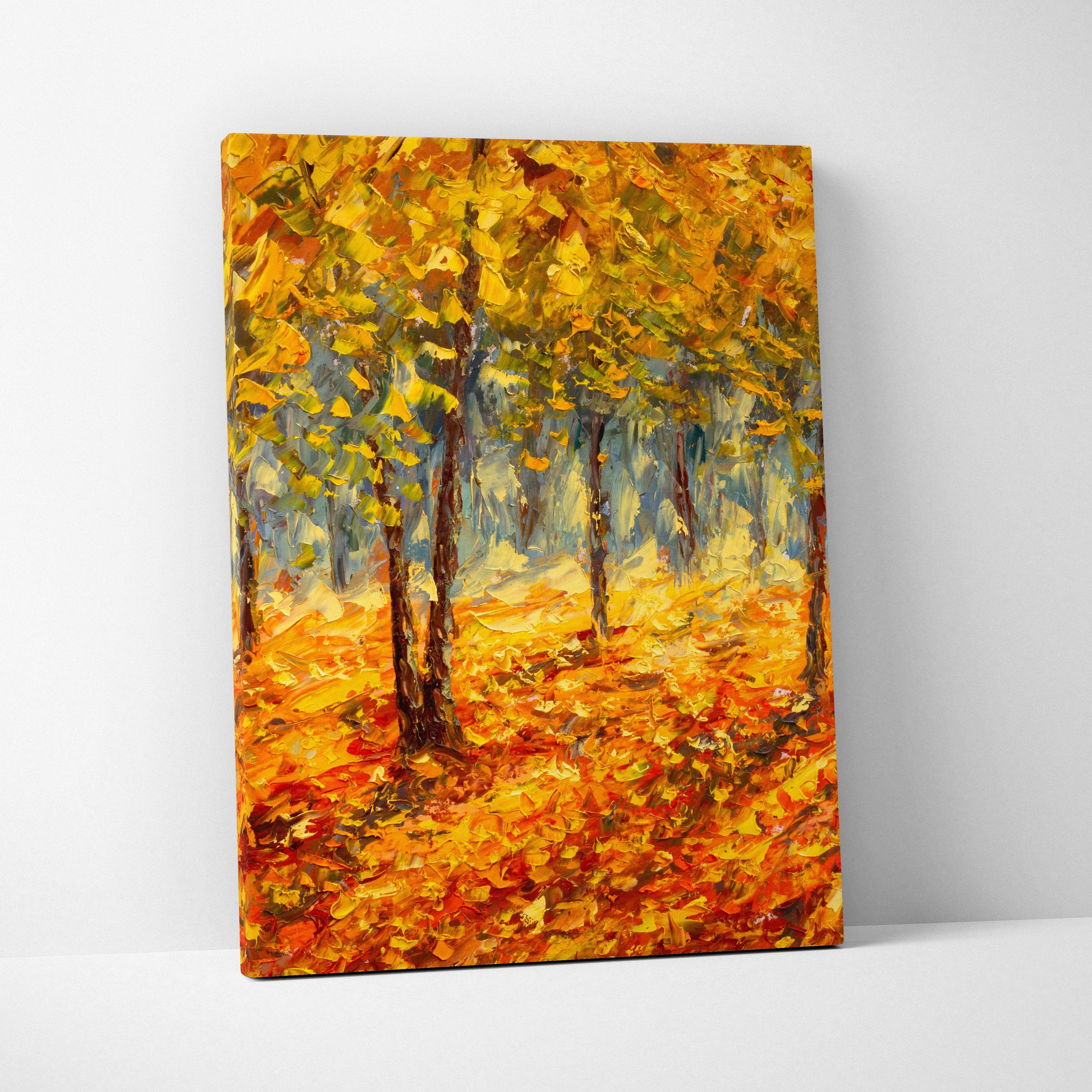 A vibrant textured canvas print of an autumn forest with golden orange leaves in oil painting style wall art