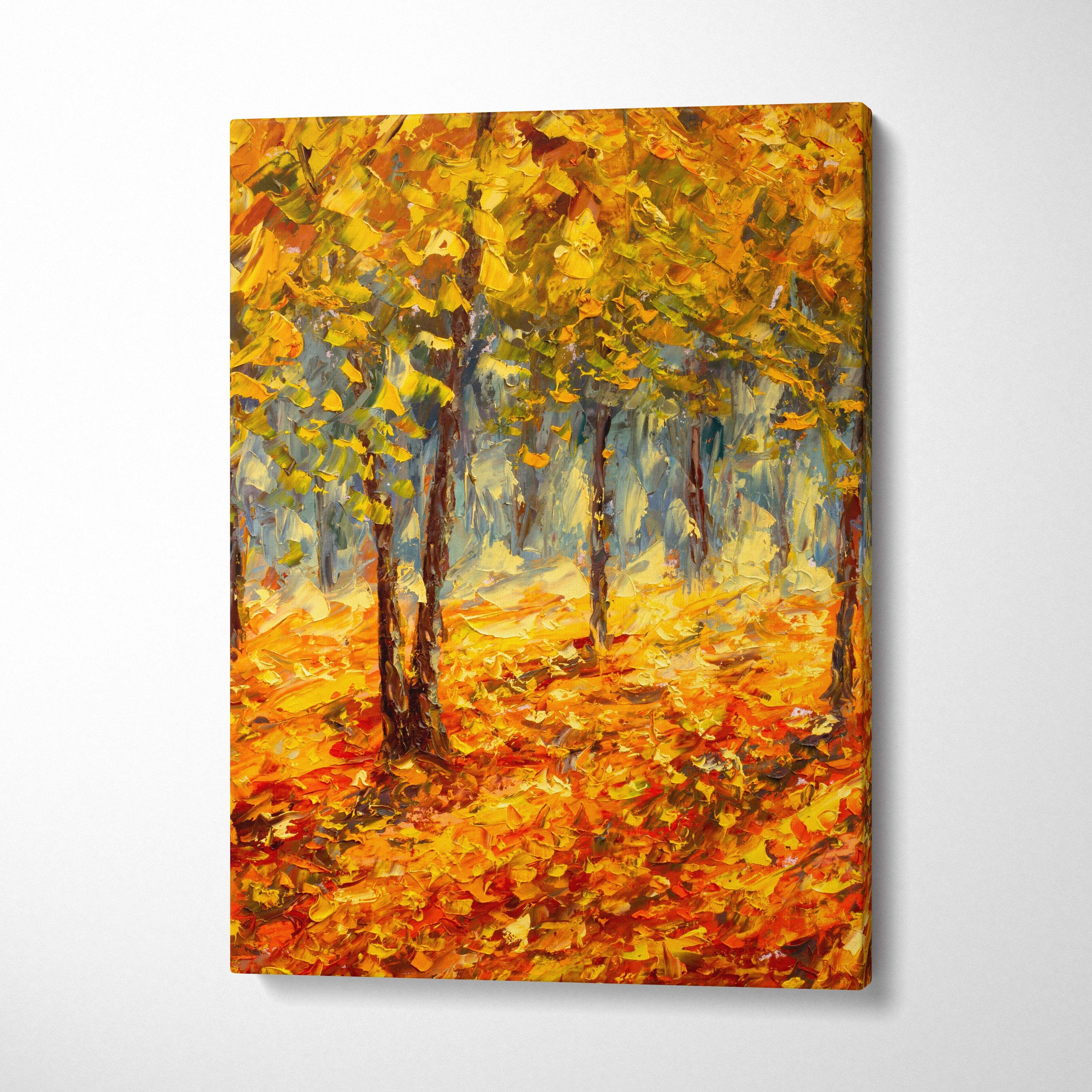 Autumn forest landscape canvas print with vibrant golden yellow orange and red leaves in thick impasto brushstrokes