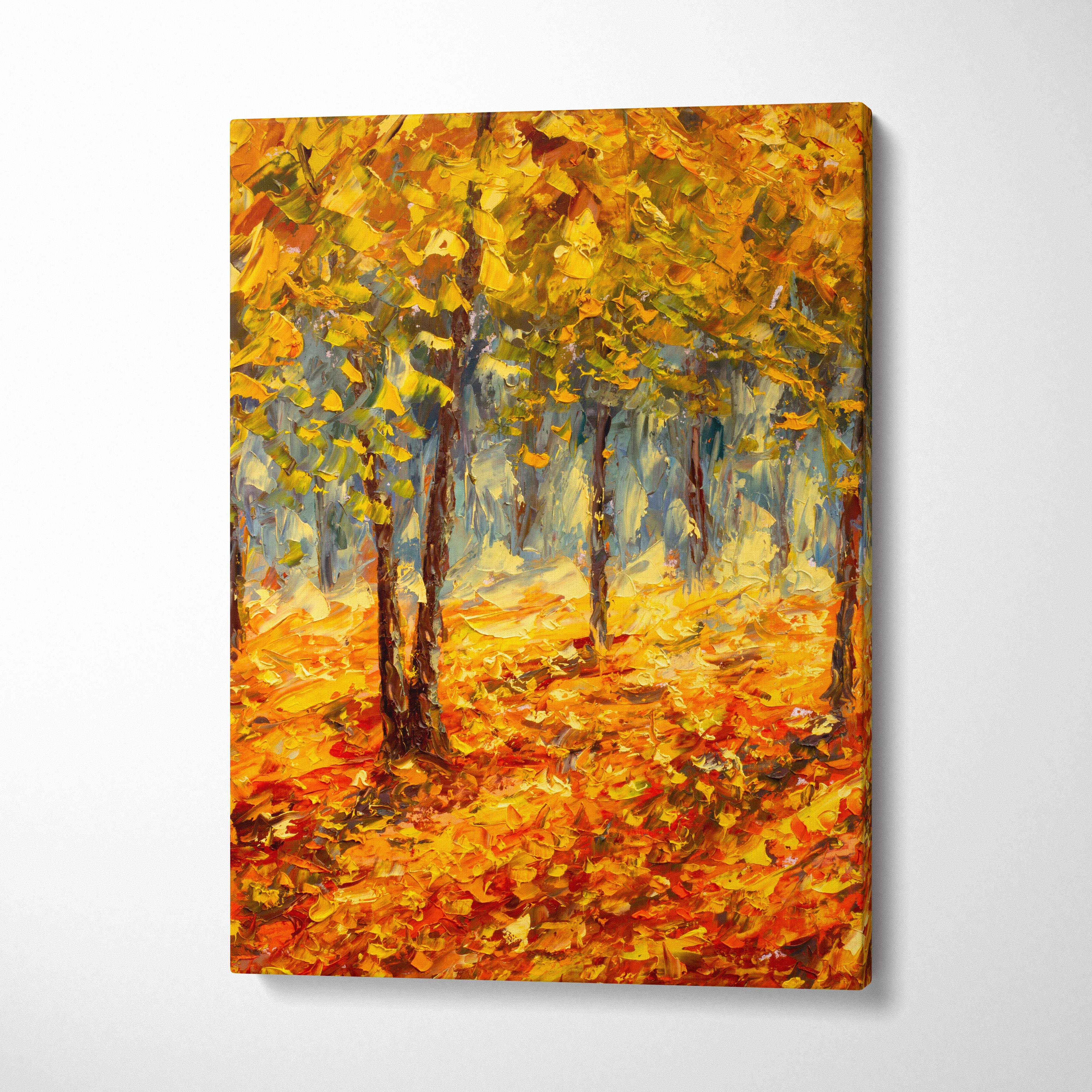Autumn forest landscape canvas print with vibrant golden yellow orange and red leaves in thick impasto brushstrokes