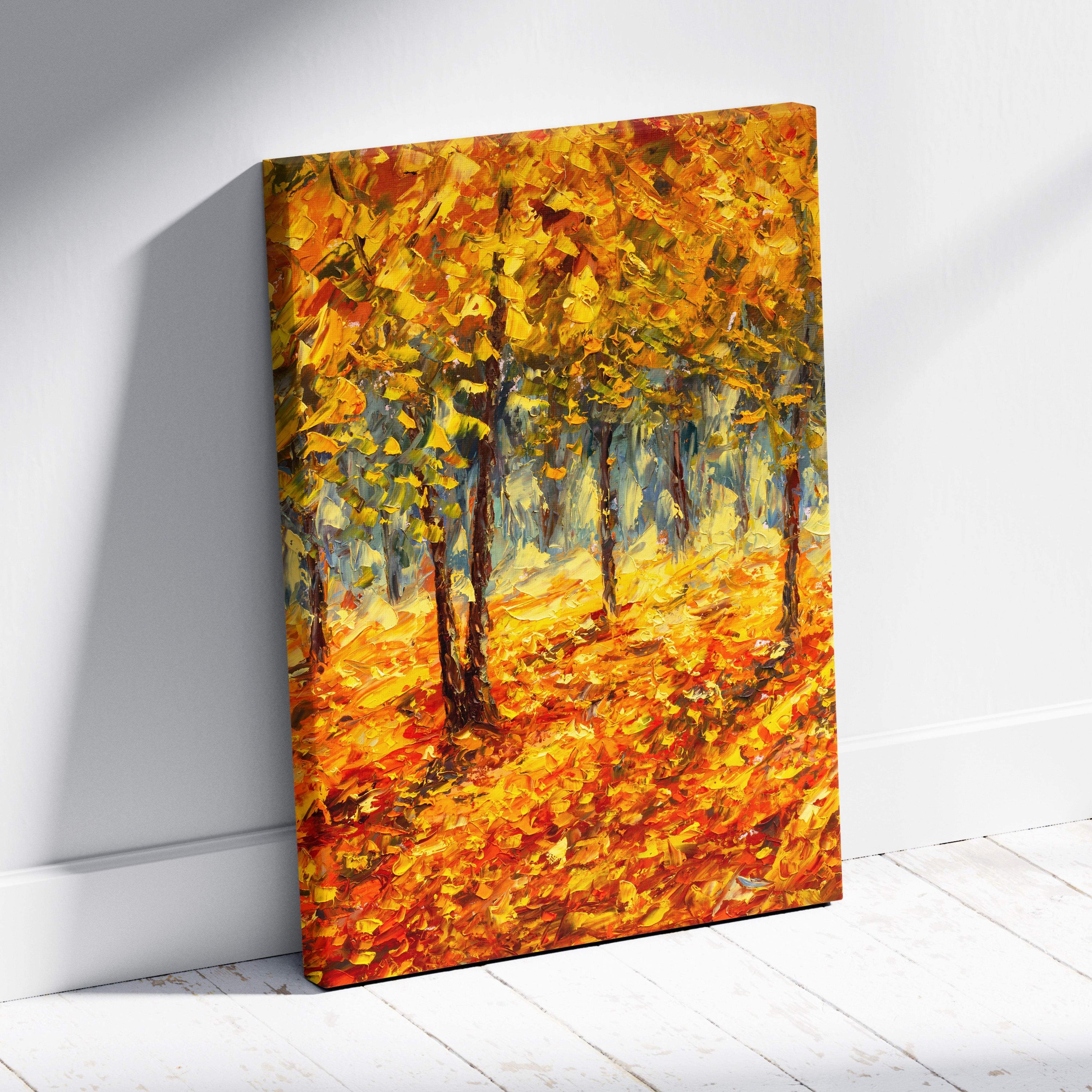 Autumn forest landscape canvas print with thick impasto brushstrokes in golden yellow orange and red leaves