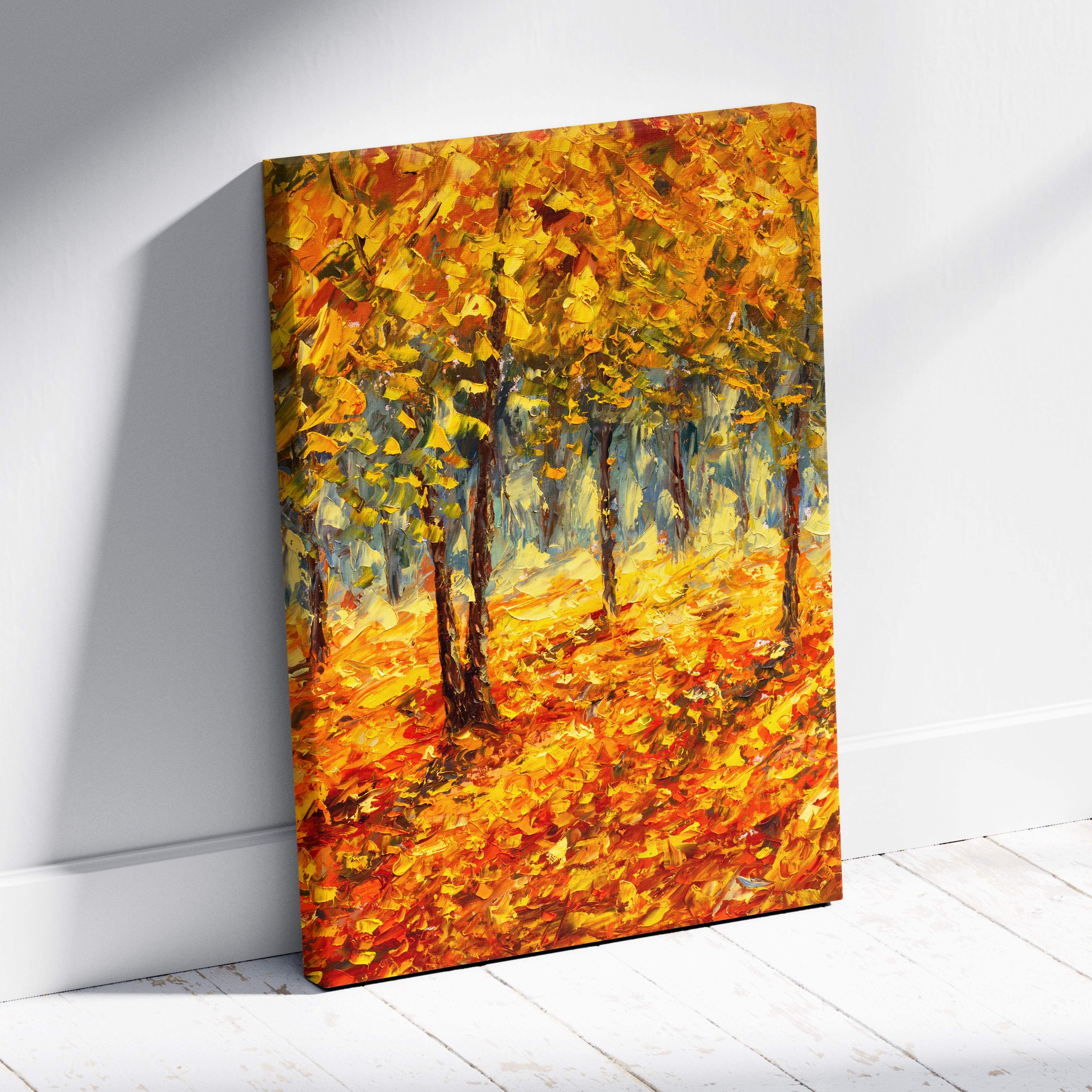 Autumn forest landscape canvas print with thick impasto brushstrokes in golden yellow orange and red leaves