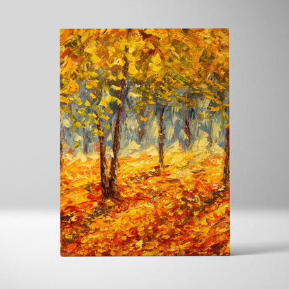 Vibrant impressionist autumn forest canvas print with golden orange leaves and textured brushstrokes in oil painting style