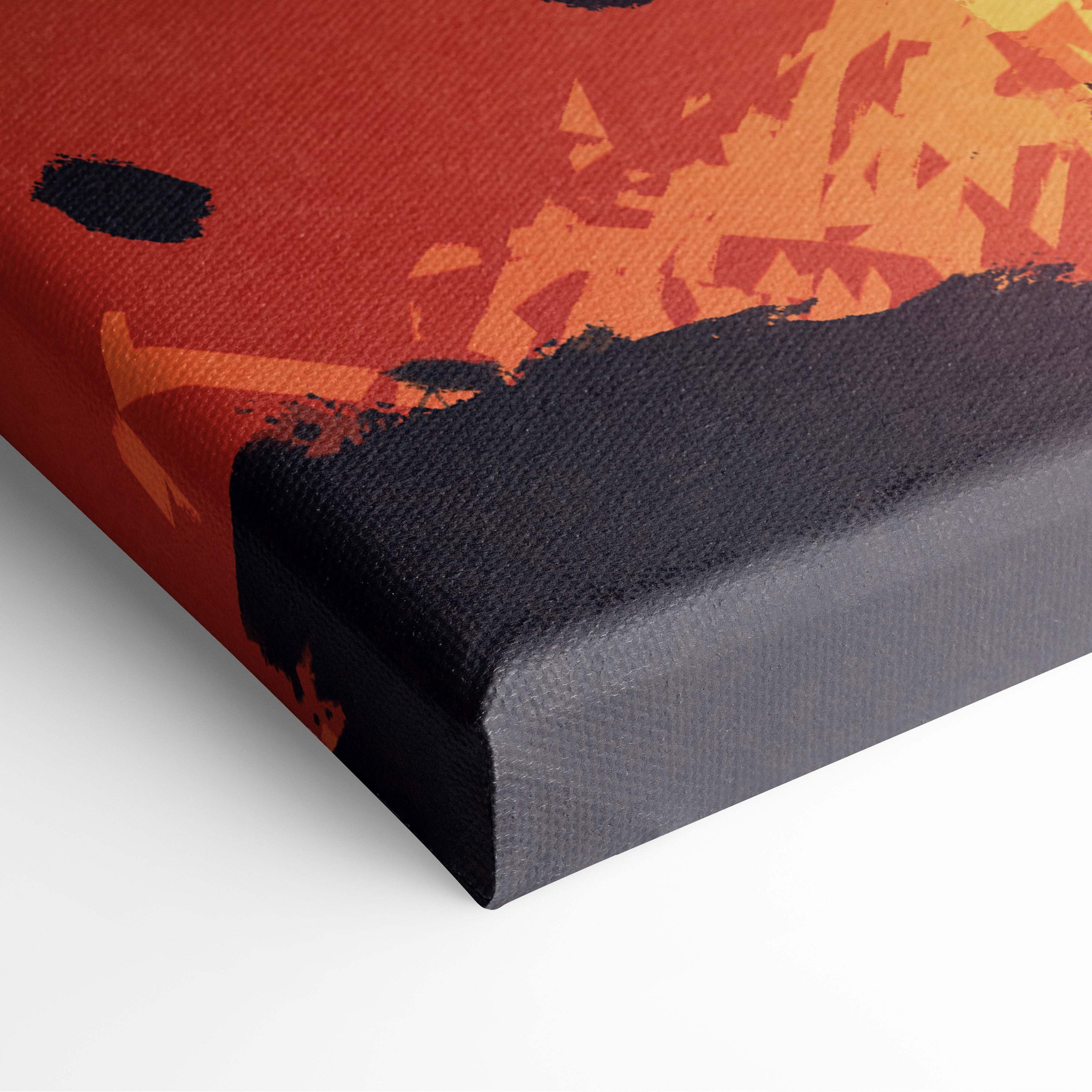 Epic Demon Lord canvas wall art with bold orange and black brushstrokes on textured fabric for dark fantasy decor