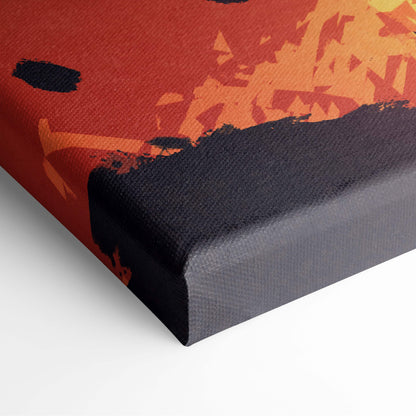 Epic Demon Lord canvas wall art with bold orange and black brushstrokes on textured fabric for dark fantasy decor