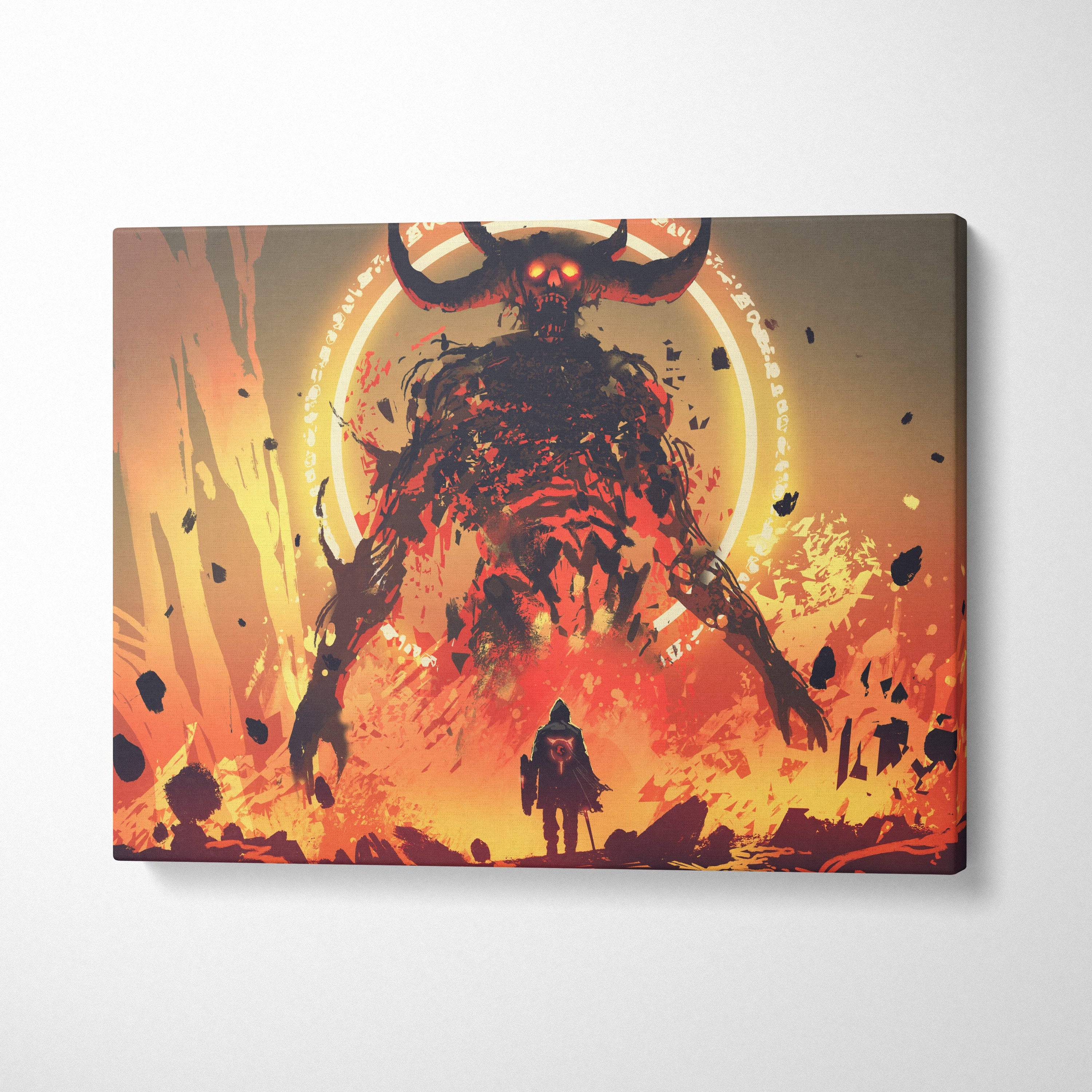 Epic demon lord canvas wall art showing a fiery red demon with glowing orange eyes and a warrior silhouette in hellscape