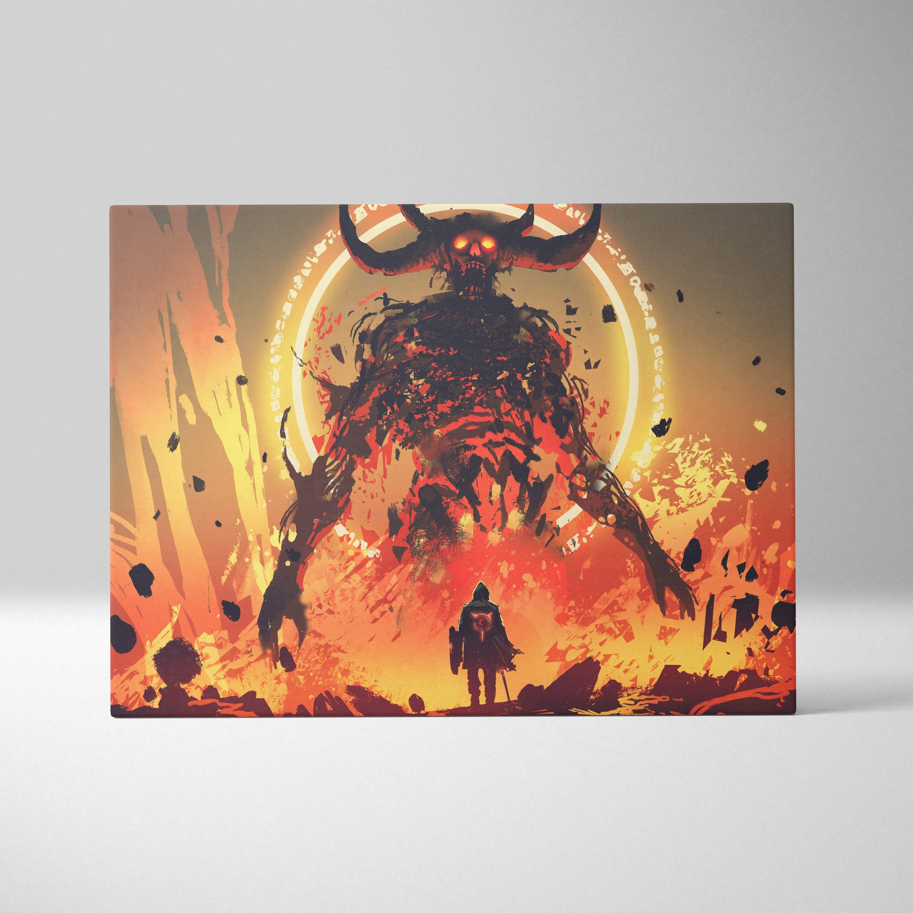Epic demon lord canvas wall art featuring a fiery horned demon with glowing eyes against a molten lava battle scene